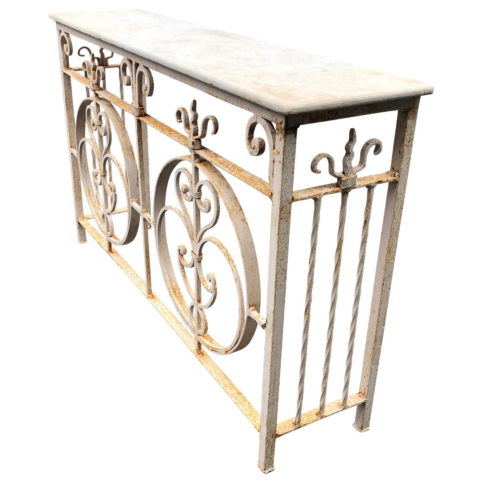 20th Century Vintage White Painted Iron Stone Top Garden Console