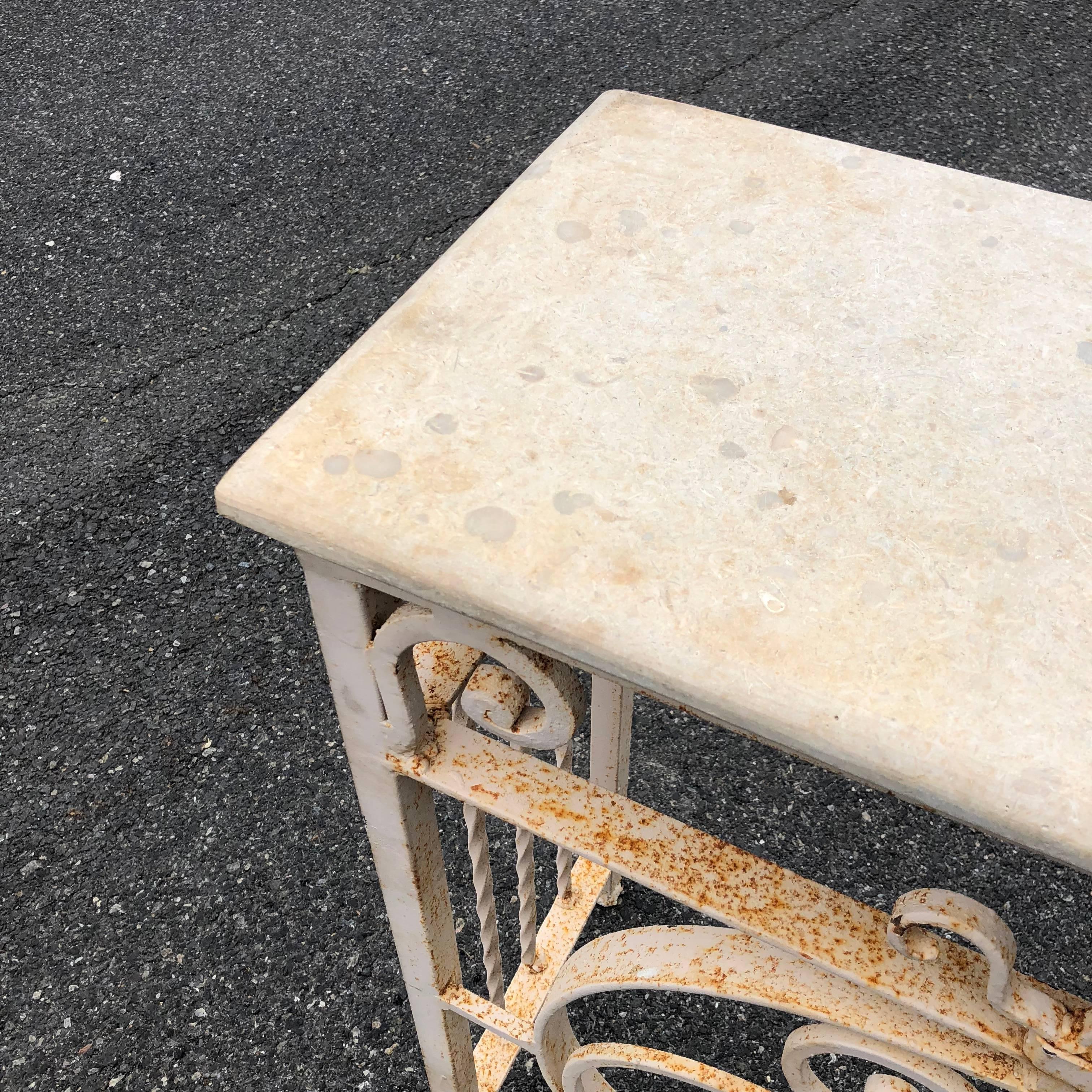Vintage White Painted Iron Stone Top Garden Console 3
