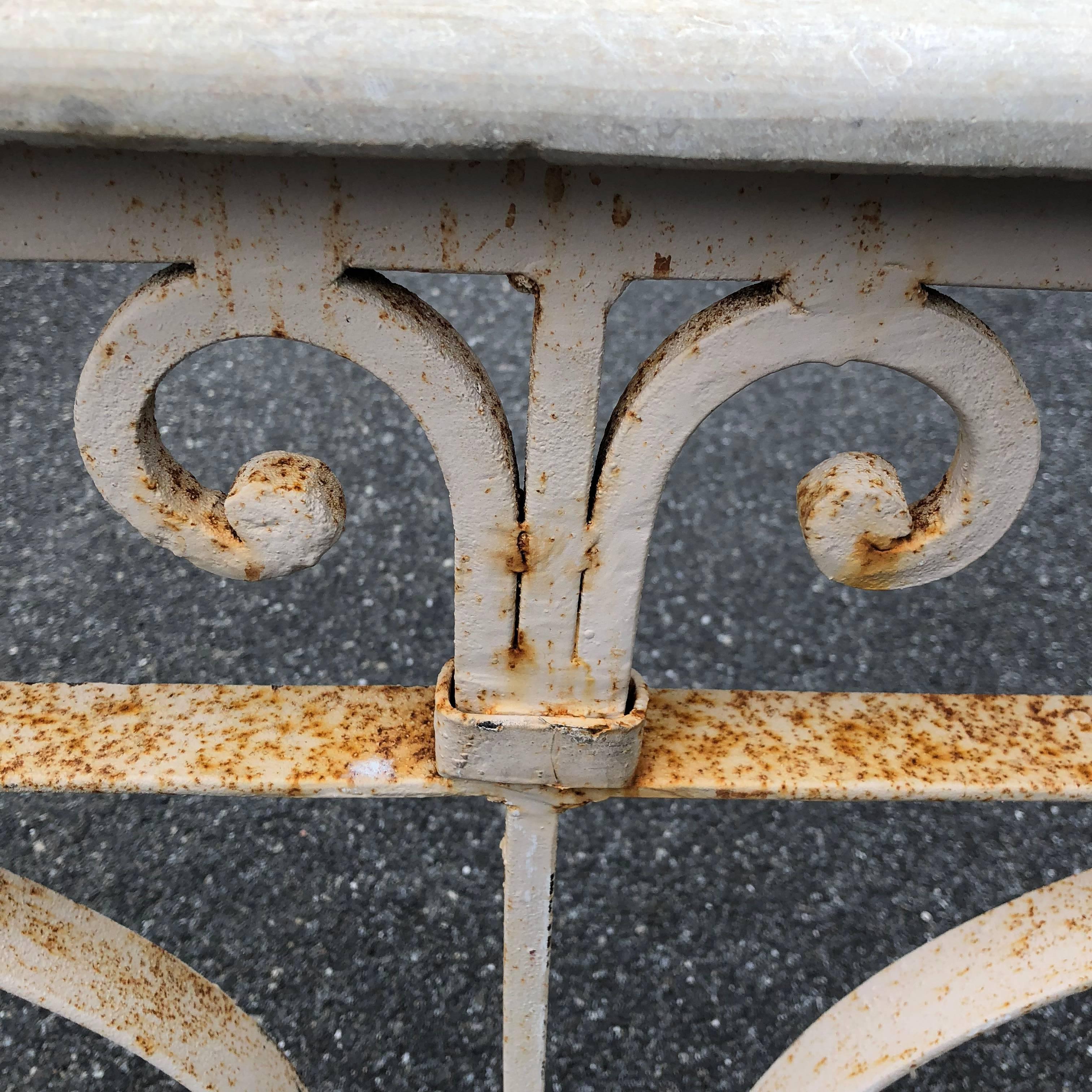 Vintage White Painted Iron Stone Top Garden Console 4