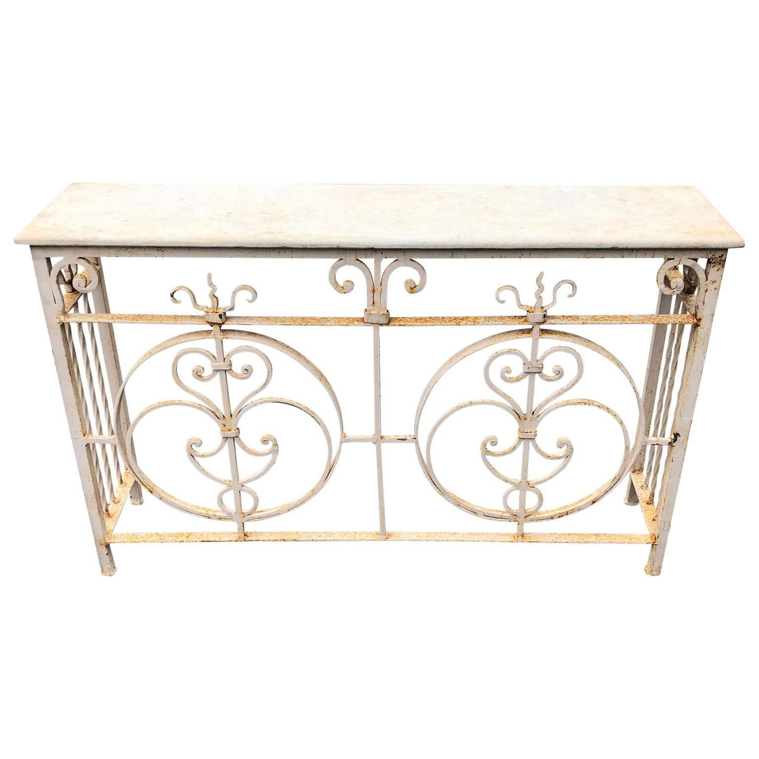 Vintage White Painted Iron Stone Top Garden Console