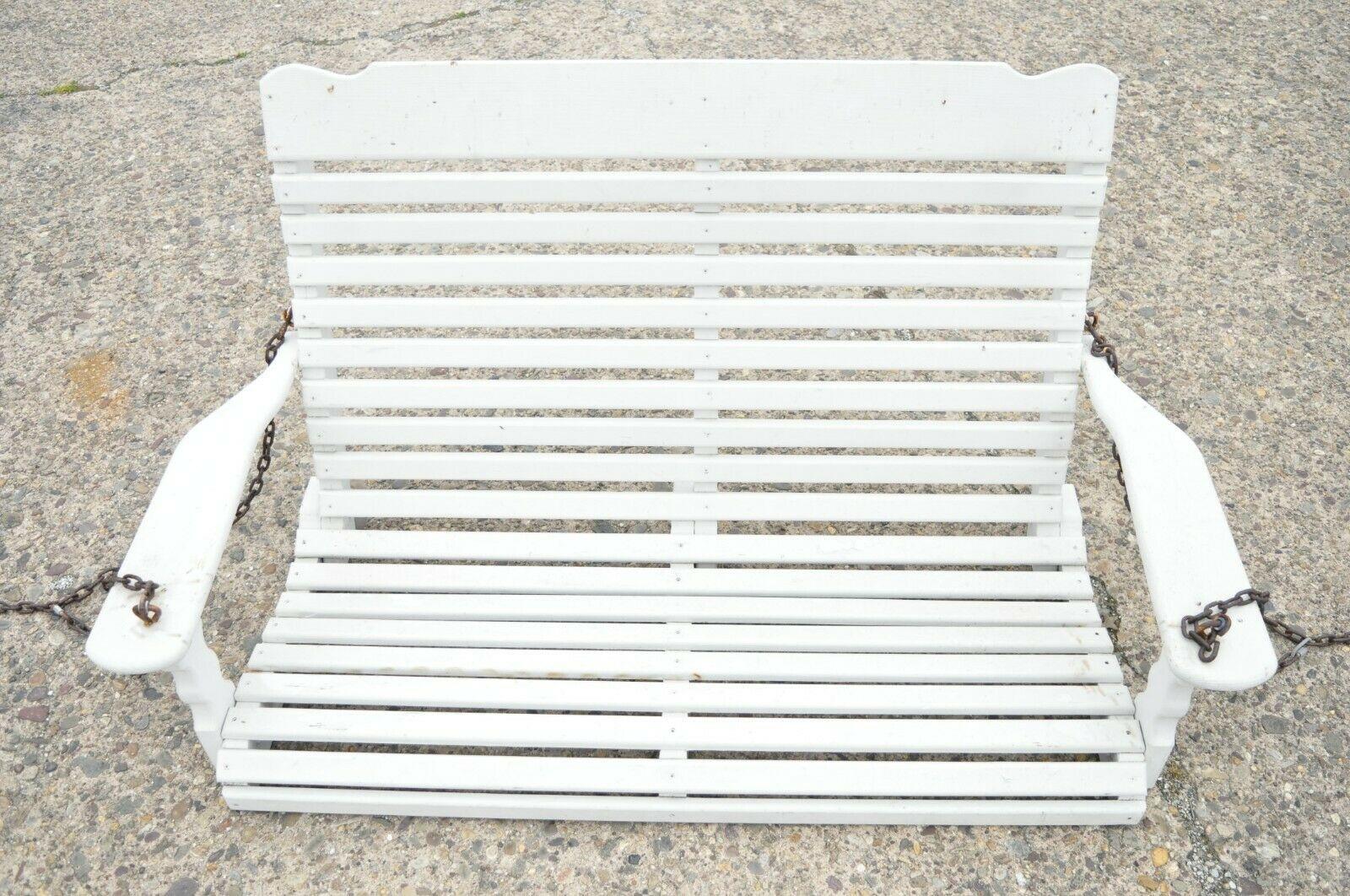 Vintage White Painted Wooden Slat Hanging Garden Patio Bench Love Seat Swing For Sale 4