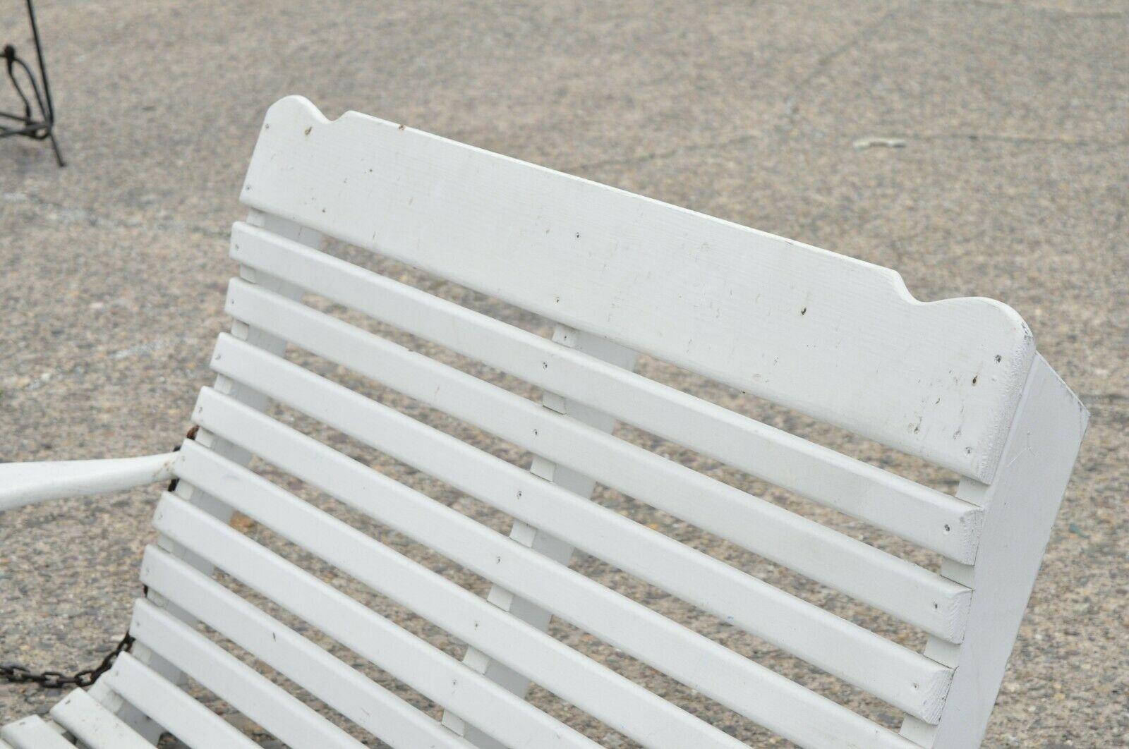Primitive Vintage White Painted Wooden Slat Hanging Garden Patio Bench Love Seat Swing For Sale