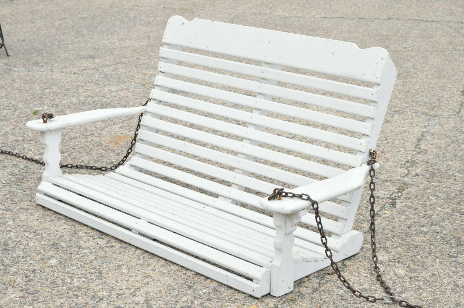 Iron Vintage White Painted Wooden Slat Hanging Garden Patio Bench Love Seat Swing For Sale