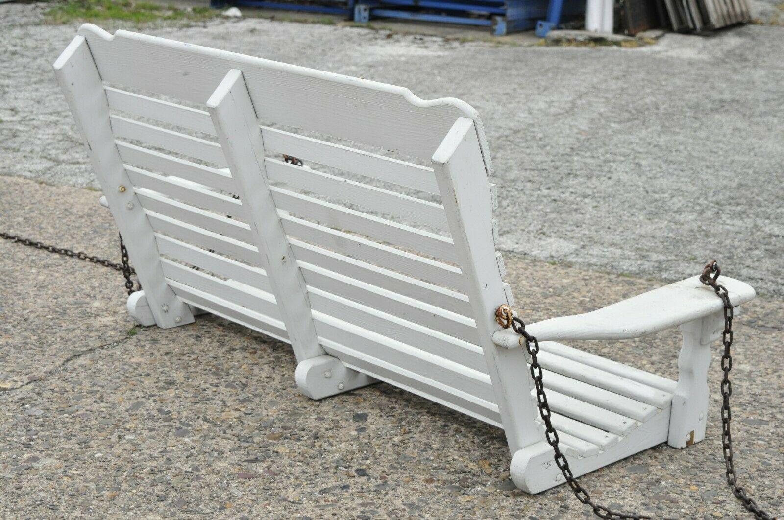 Vintage White Painted Wooden Slat Hanging Garden Patio Bench Love Seat Swing For Sale 2