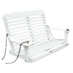 Vintage White Painted Wooden Slat Hanging Garden Patio Bench Love Seat Swing