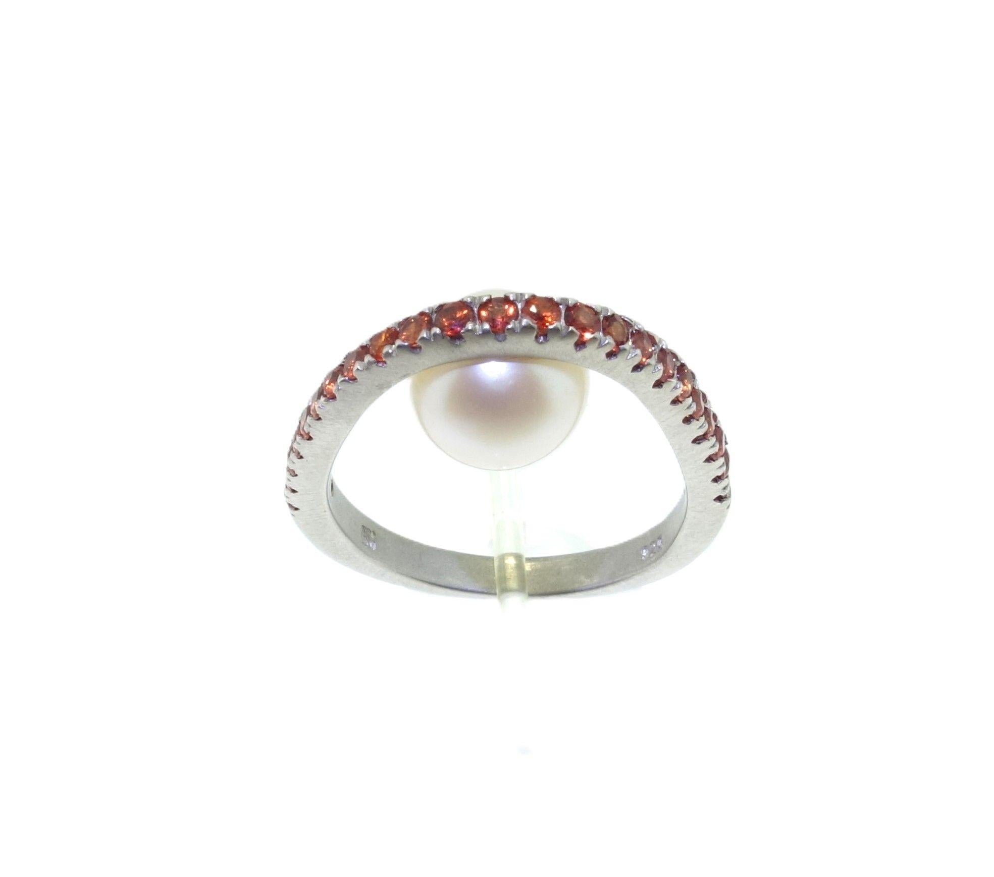 Round Cut Vintage White Pearl and Orange Sapphire Sterling Silver Statement Ring For Sale