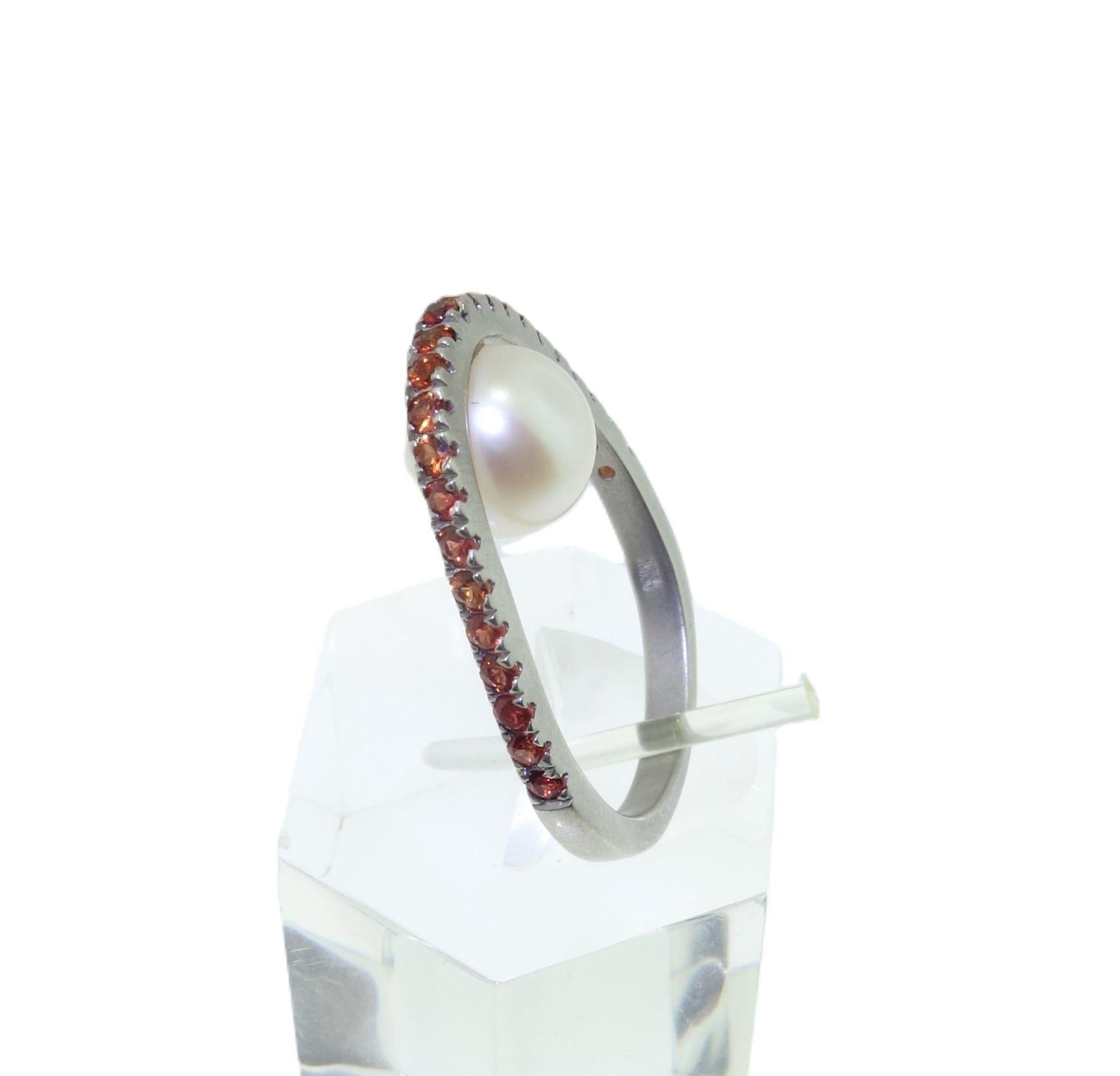 Women's Vintage White Pearl and Orange Sapphire Sterling Silver Statement Ring For Sale