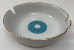Vintage White Porcelain Ashtray with Gold Rim and Blue Design 1960s