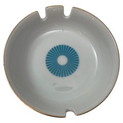 Vintage White Porcelain Ashtray with Gold Rim and Blue Design 1960s