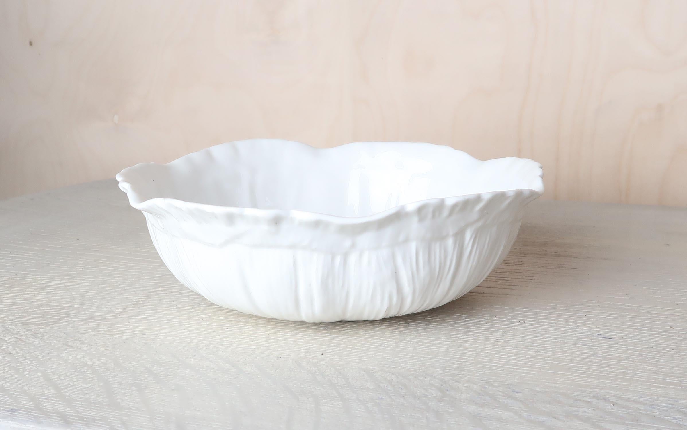 Chinoiserie Vintage White Porcelain Cabbage Leaf Shaped Bowl. English C.1930.