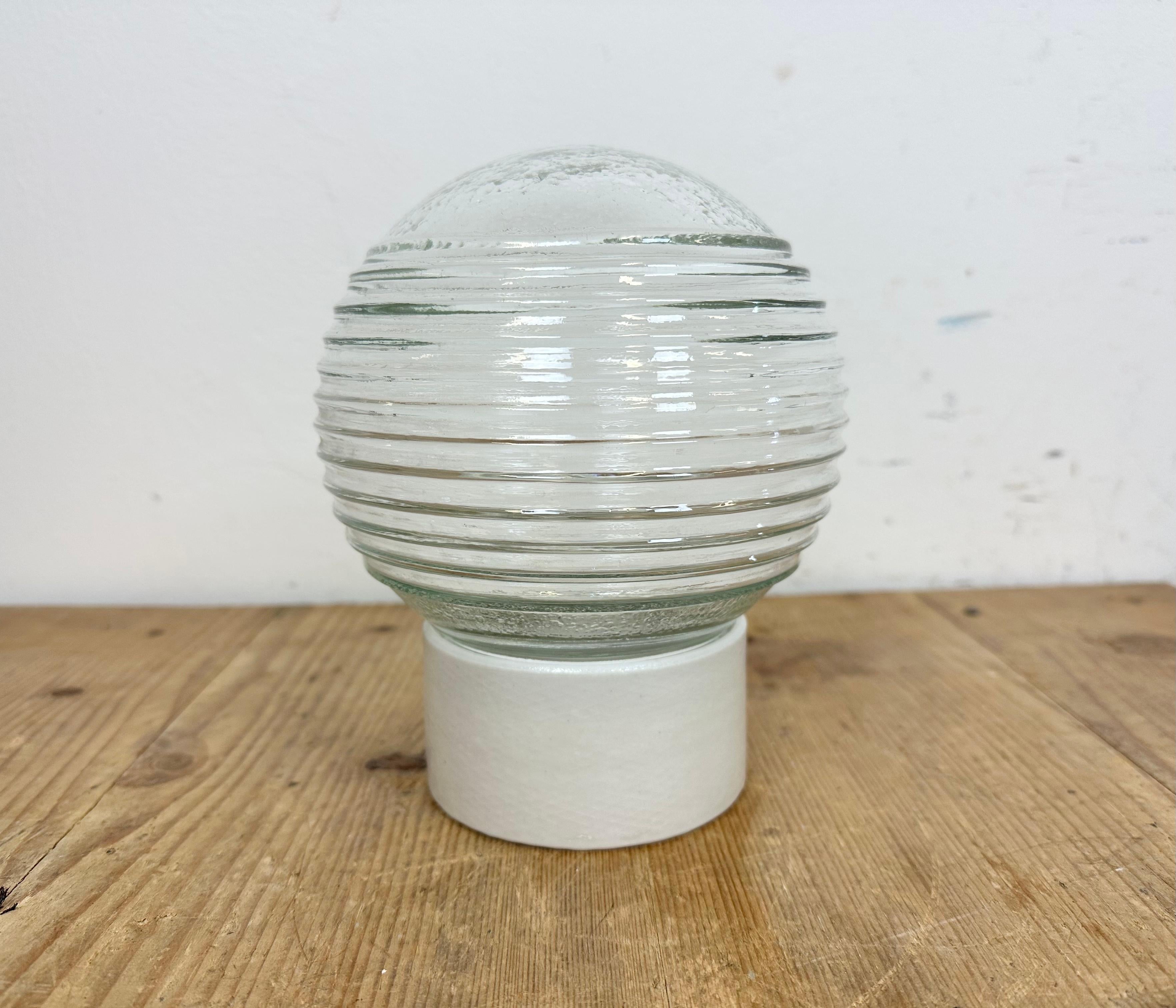 Industrial Vintage White Porcelain Ceiling Light with Ribbed Glass, 1970s For Sale