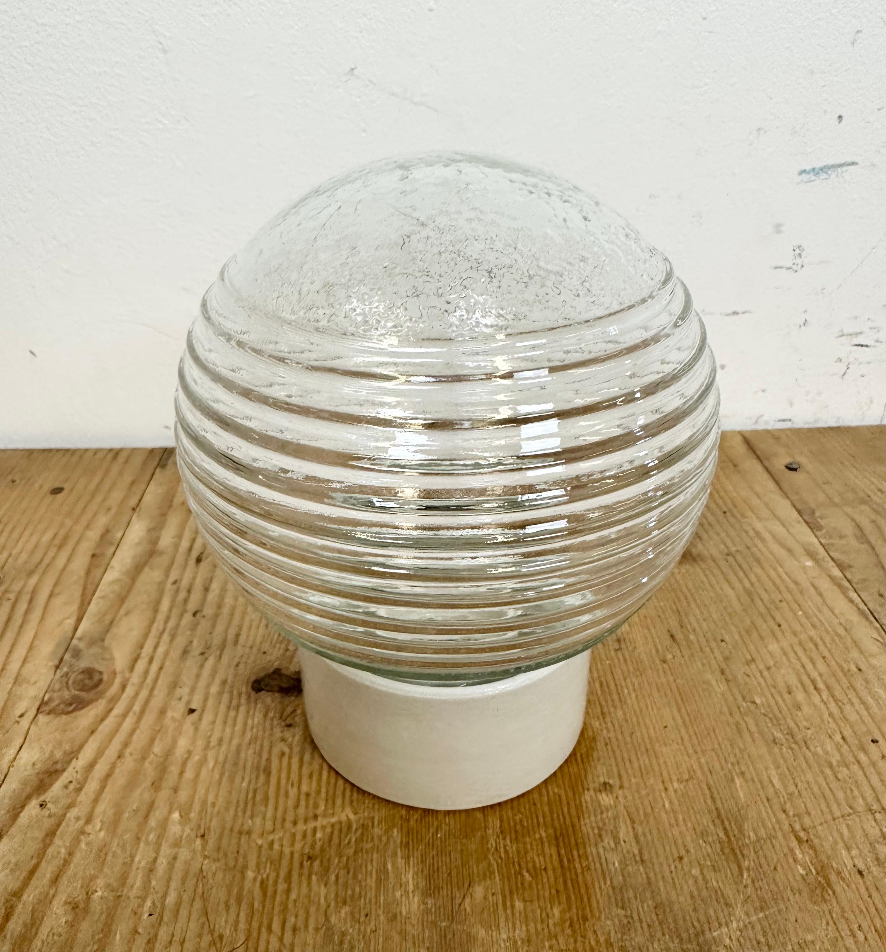 Vintage White Porcelain Ceiling Light with Ribbed Glass, 1970s In Good Condition For Sale In Kojetice, CZ