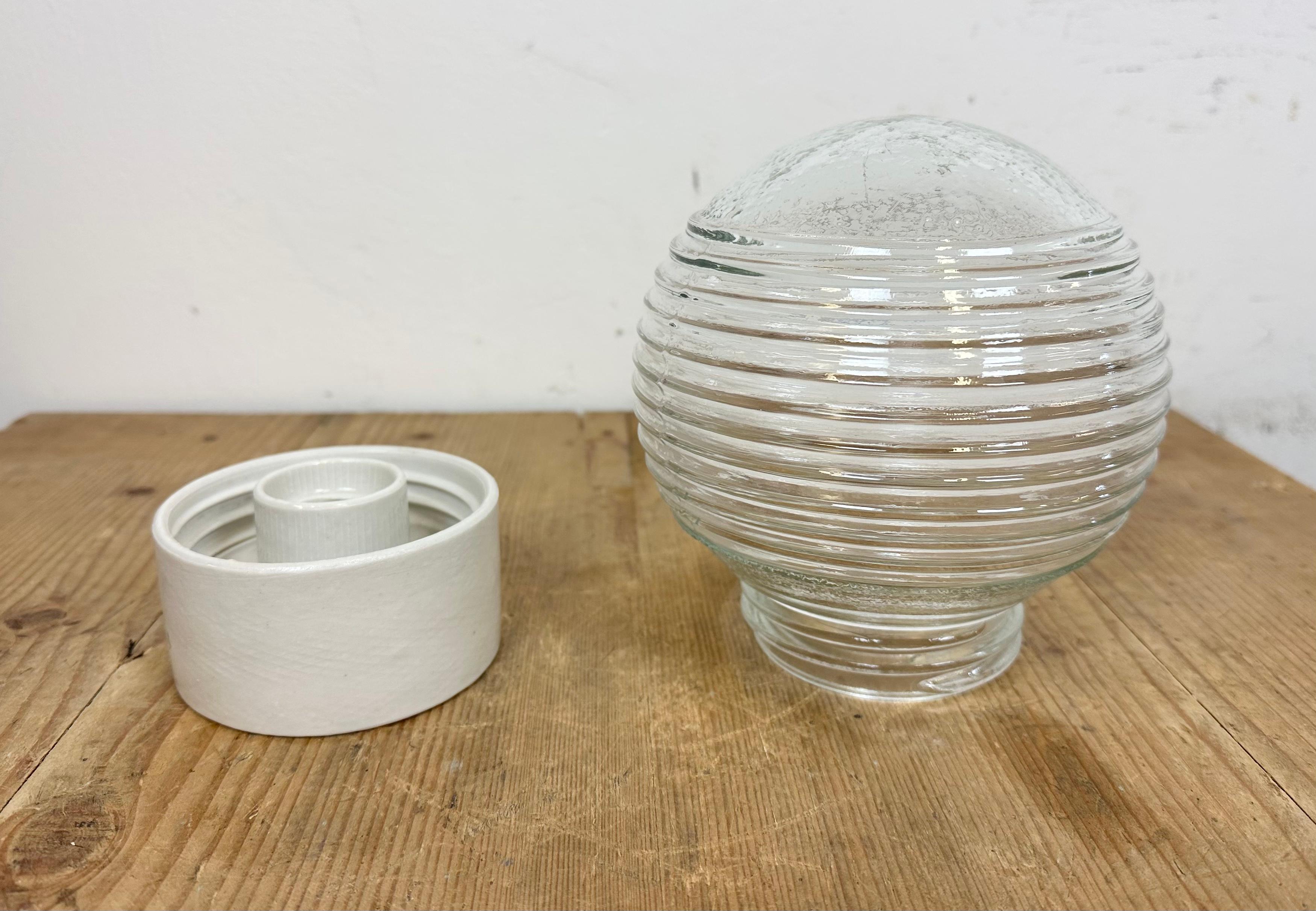 Late 20th Century Vintage White Porcelain Ceiling Light with Ribbed Glass, 1970s For Sale