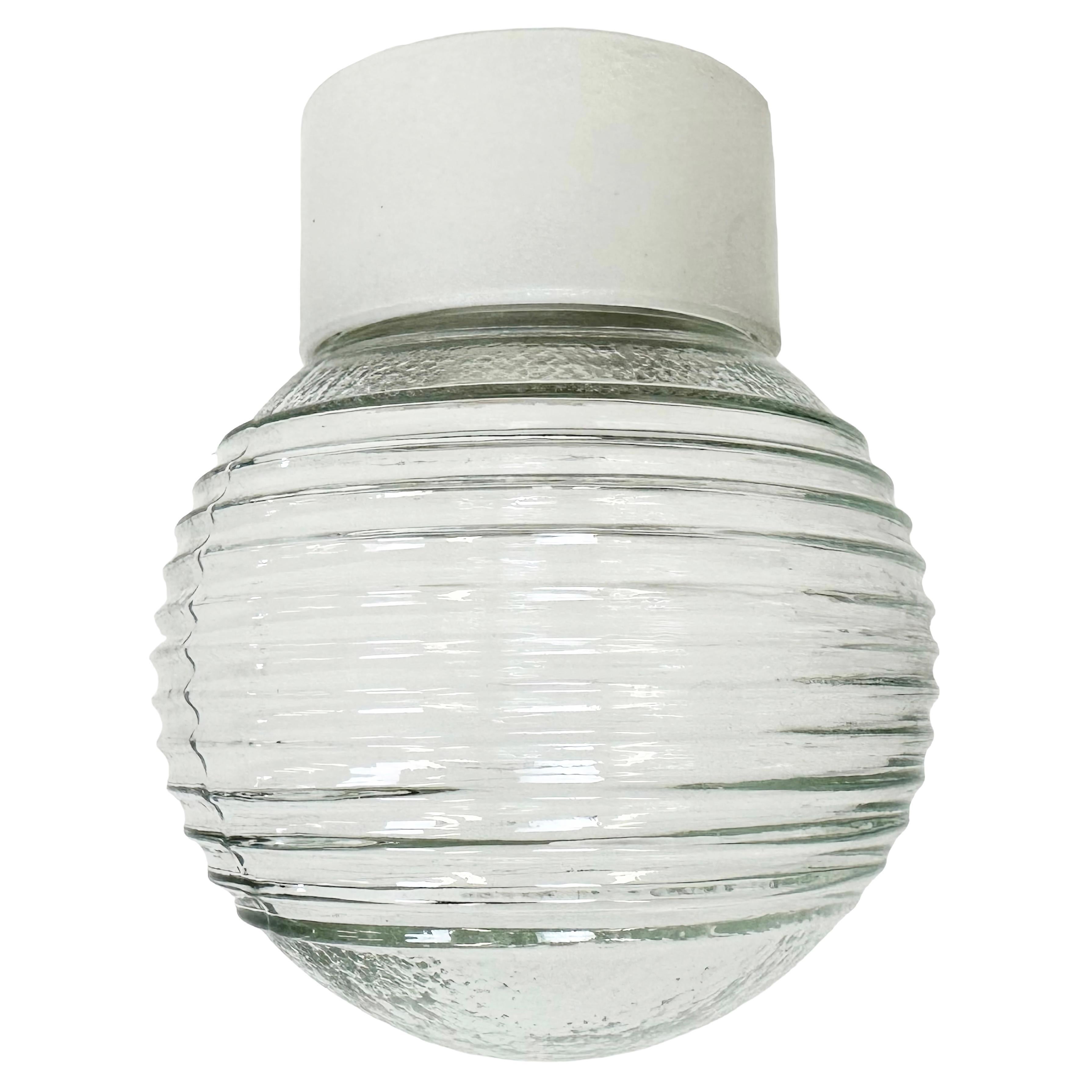 Vintage White Porcelain Ceiling Light with Ribbed Glass, 1970s