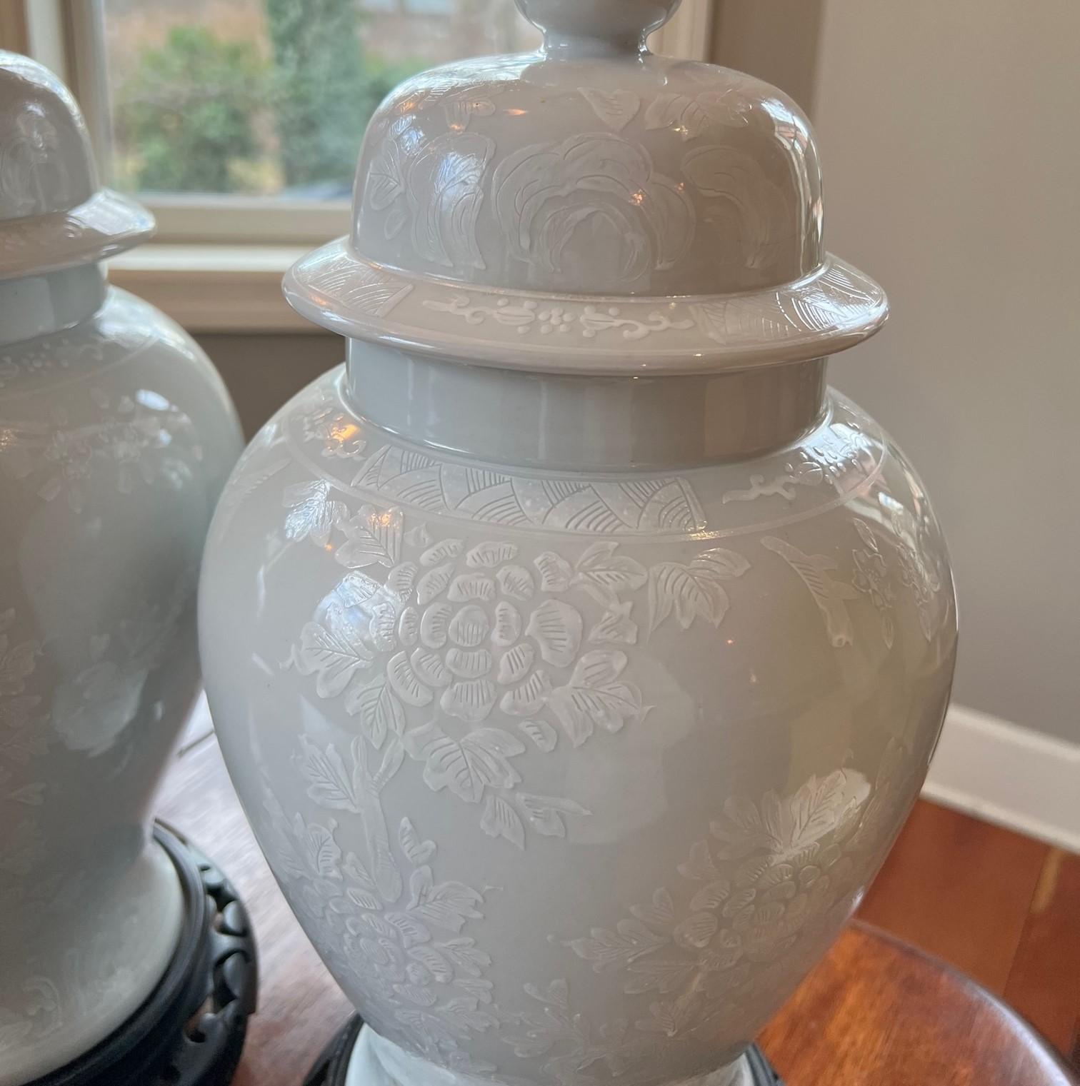 Fired Vintage White Porcelain Ginger Jar Lamps with White Floral Decoration For Sale