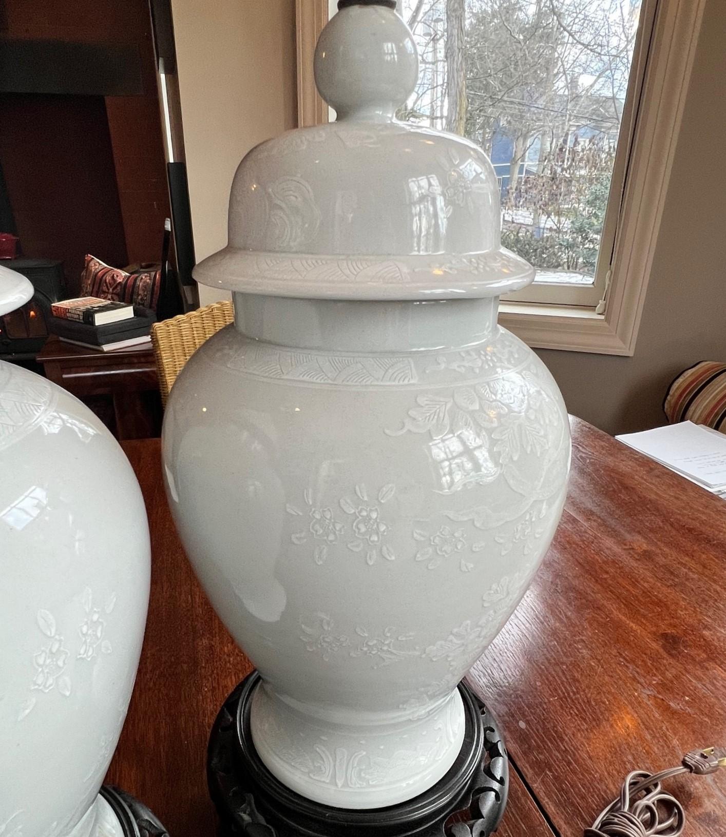 Fired Vintage White Porcelain Ginger Jar Lamps with White Floral Decoration For Sale