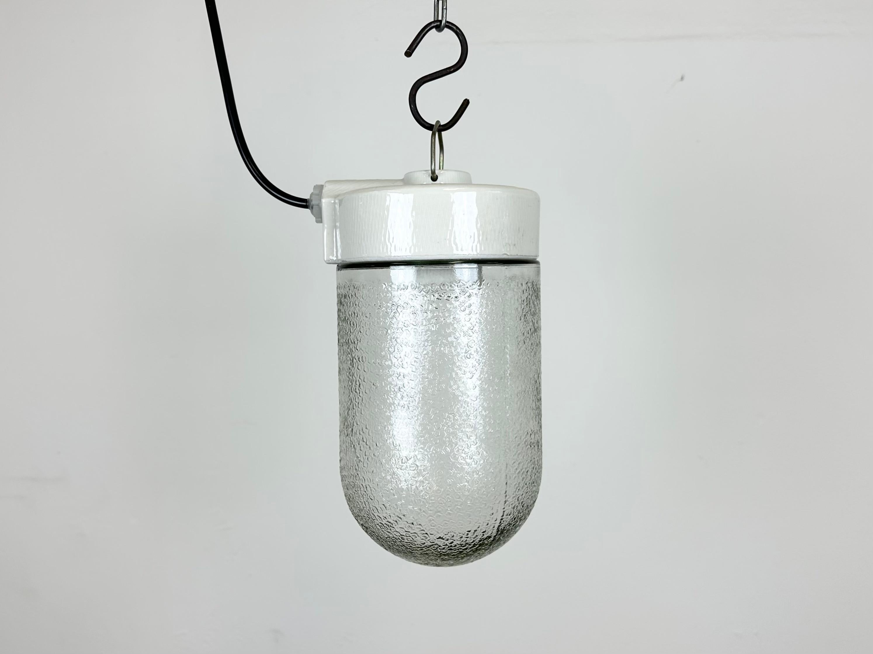Industrial Vintage White Porcelain Pendant Light with Frosted Glass, 1970s For Sale
