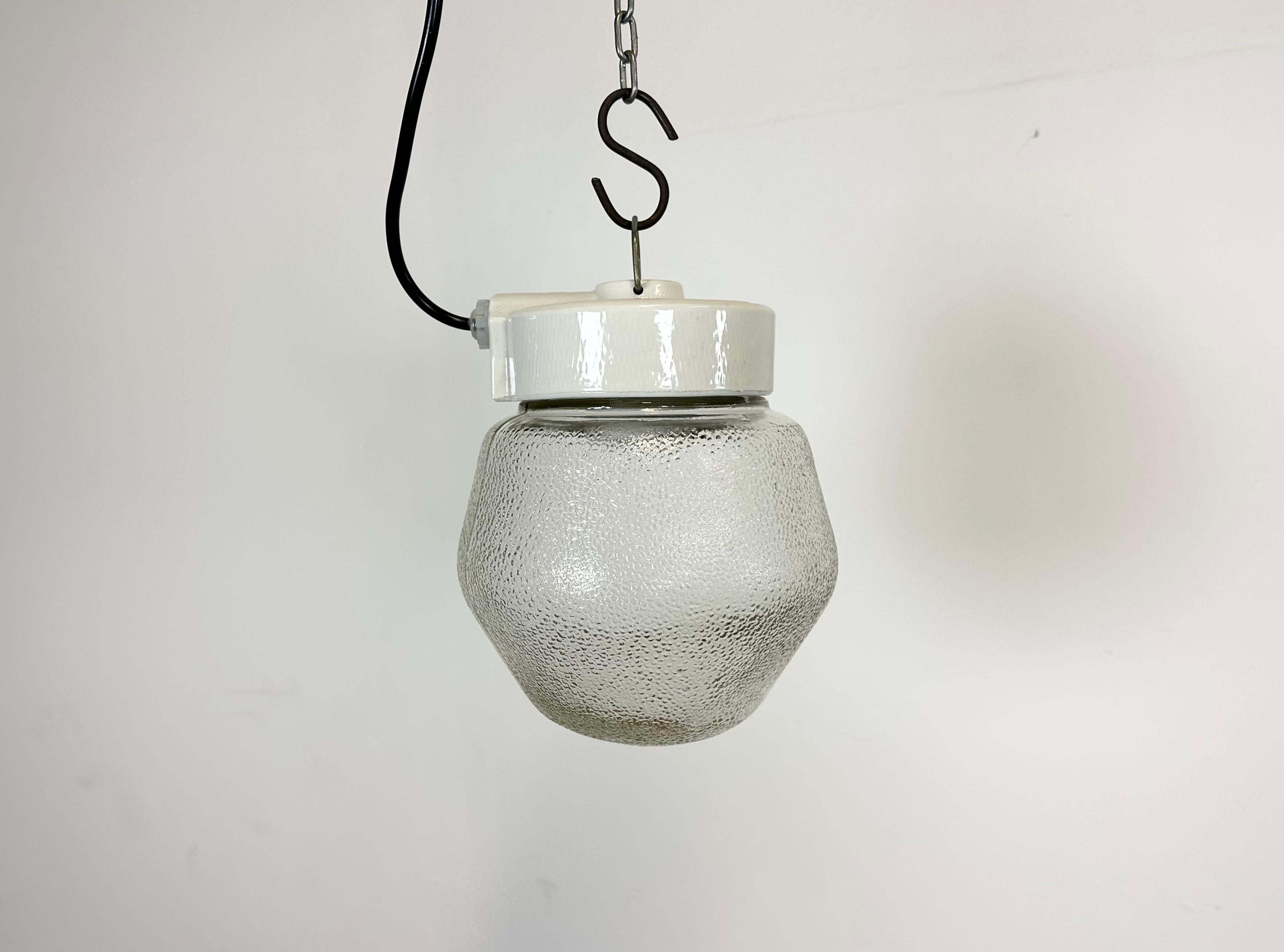Vintage White Porcelain Pendant Light with Frosted Glass, 1970s In Good Condition For Sale In Kojetice, CZ
