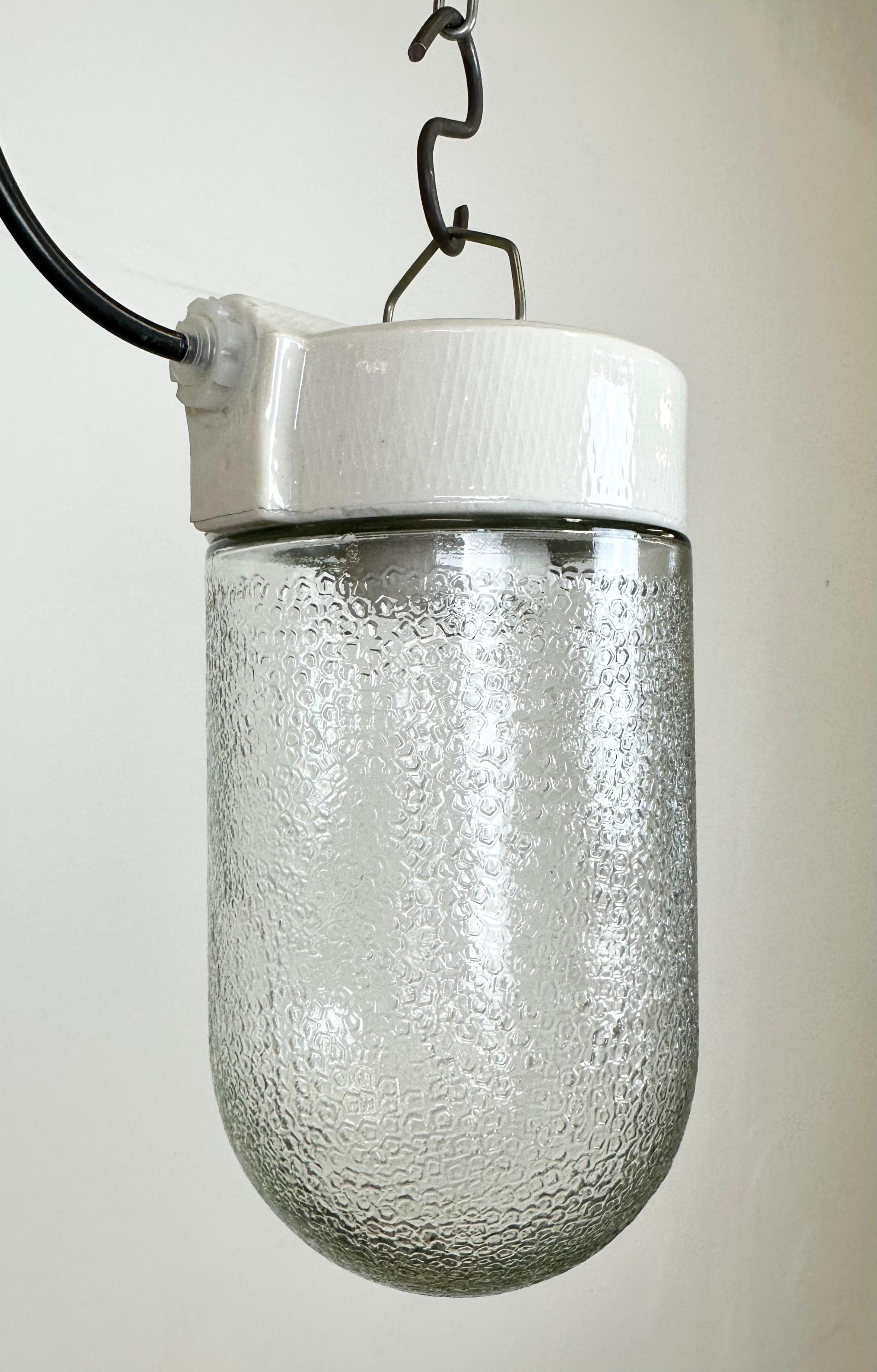 Vintage White Porcelain Pendant Light with Frosted Glass, 1970s In Good Condition For Sale In Kojetice, CZ