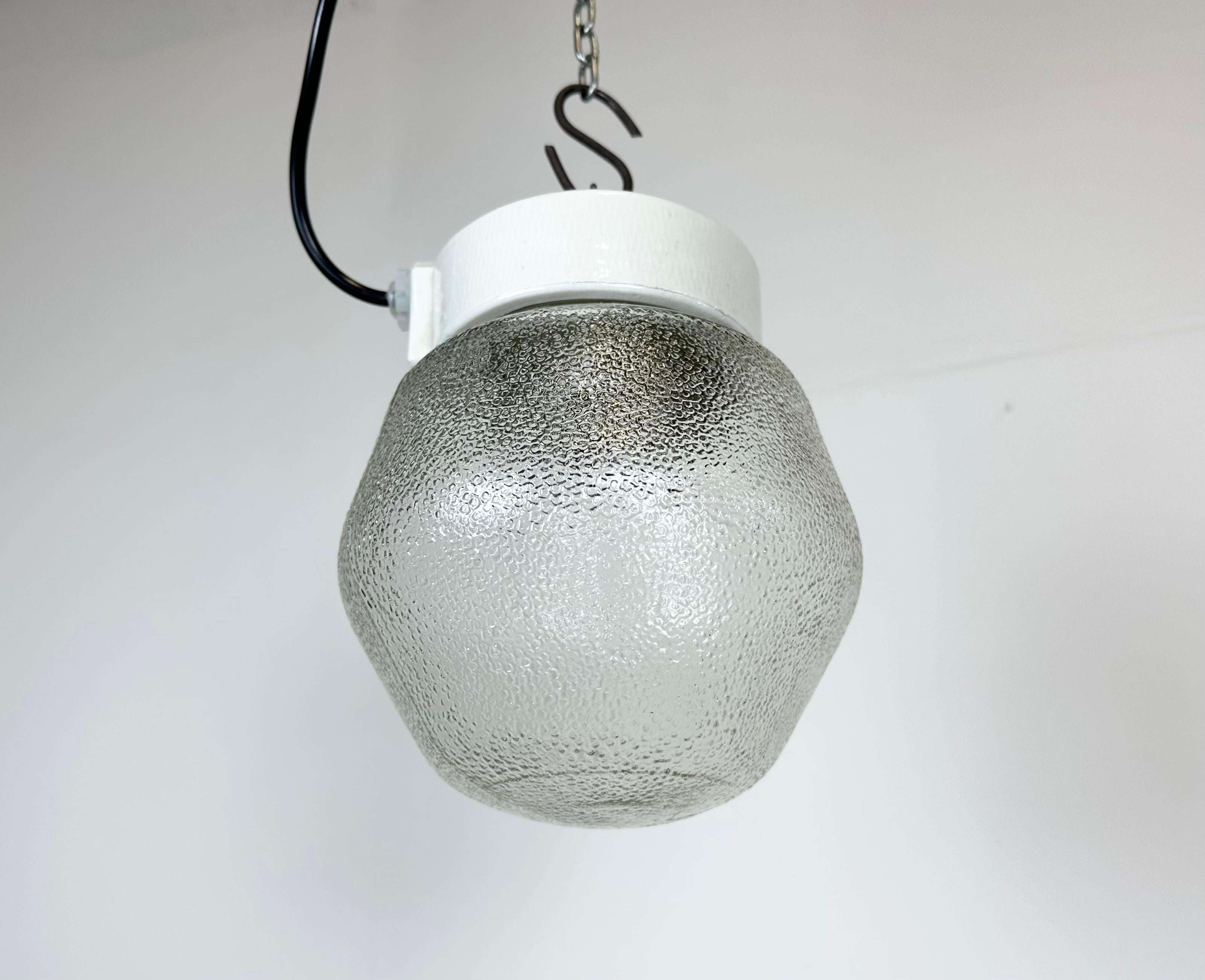 Late 20th Century Vintage White Porcelain Pendant Light with Frosted Glass, 1970s For Sale
