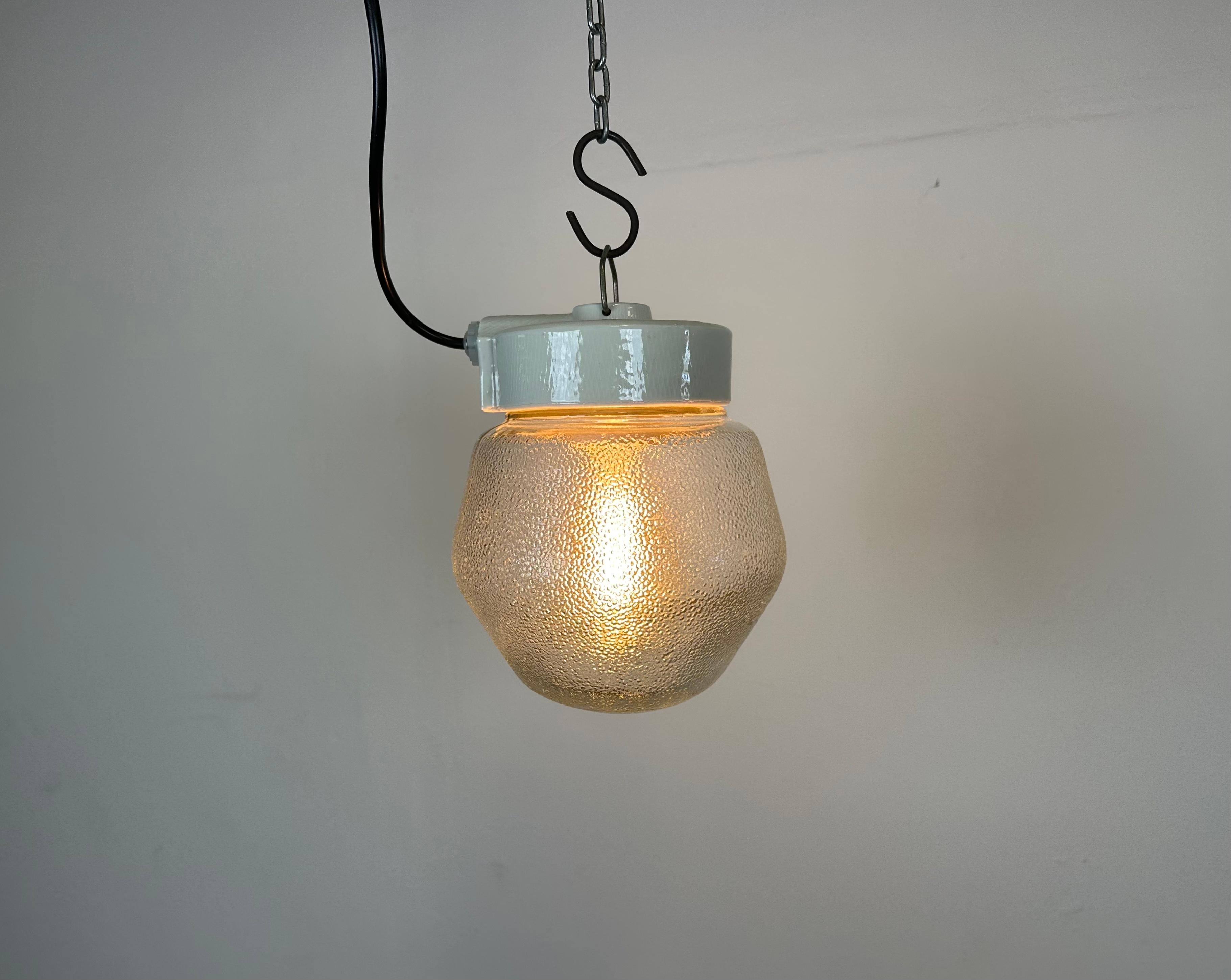 Vintage White Porcelain Pendant Light with Frosted Glass, 1970s For Sale 1