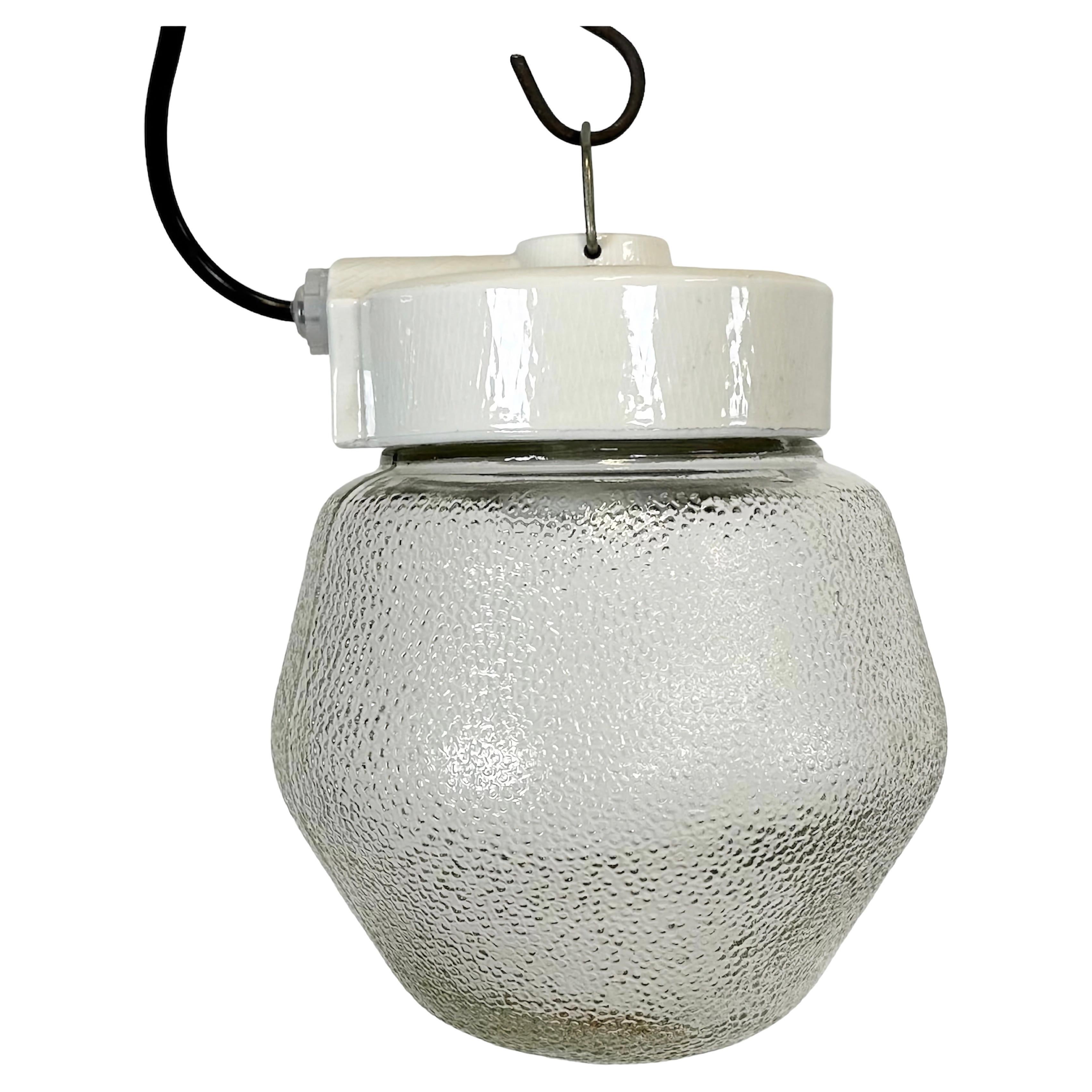 Vintage White Porcelain Pendant Light with Frosted Glass, 1970s For Sale
