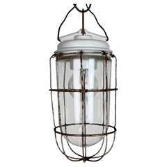 Vintage White Porcelain Pendant Light with Iron Grid, 1960s