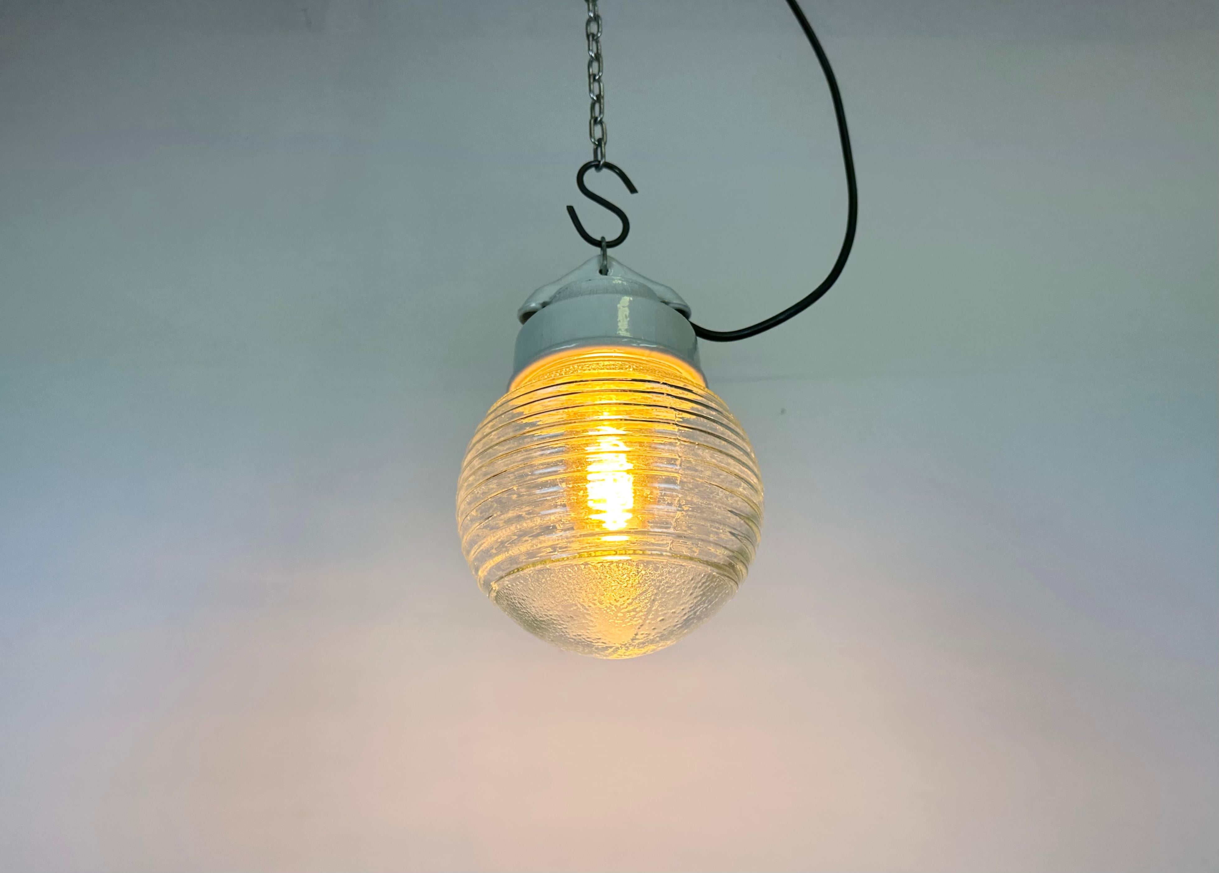 Vintage White Porcelain Pendant Light with Ribbed Glass, 1970s For Sale 3