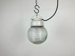 Vintage White Porcelain Pendant Light with Ribbed Glass, 1970s