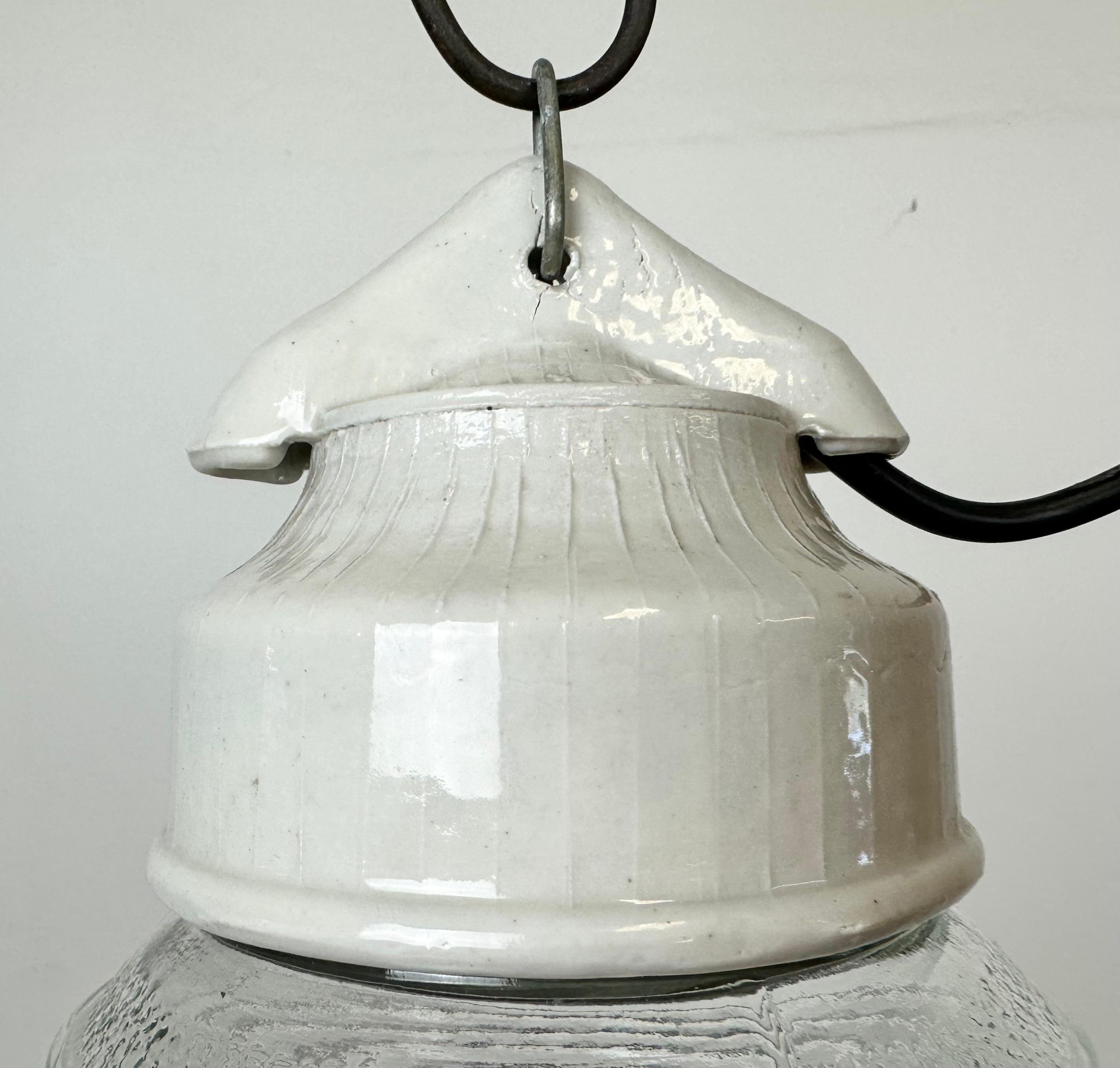Industrial Vintage White Porcelain Pendant Light with Ribbed Glass, 1970s For Sale