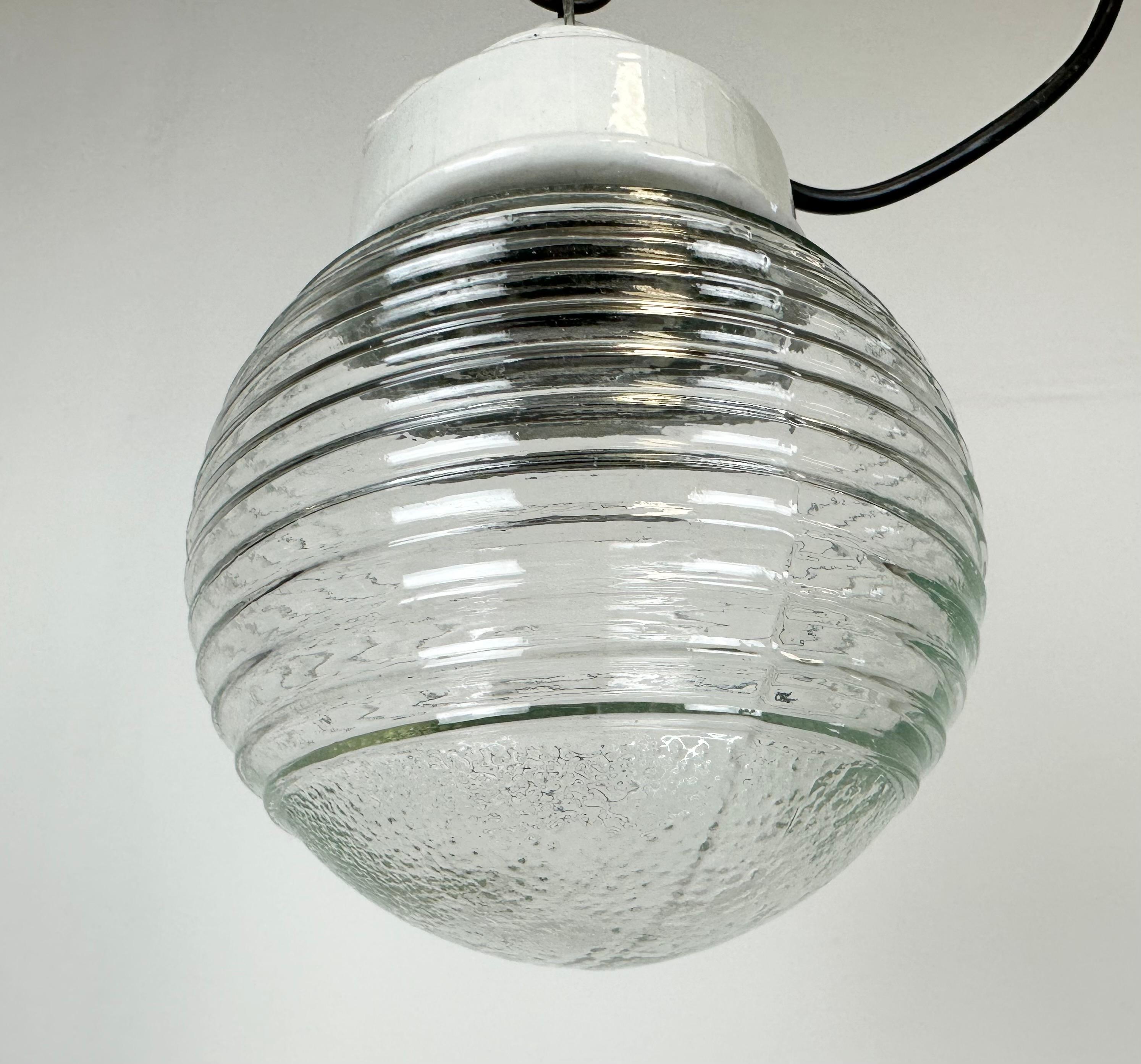 Polish Vintage White Porcelain Pendant Light with Ribbed Glass, 1970s For Sale