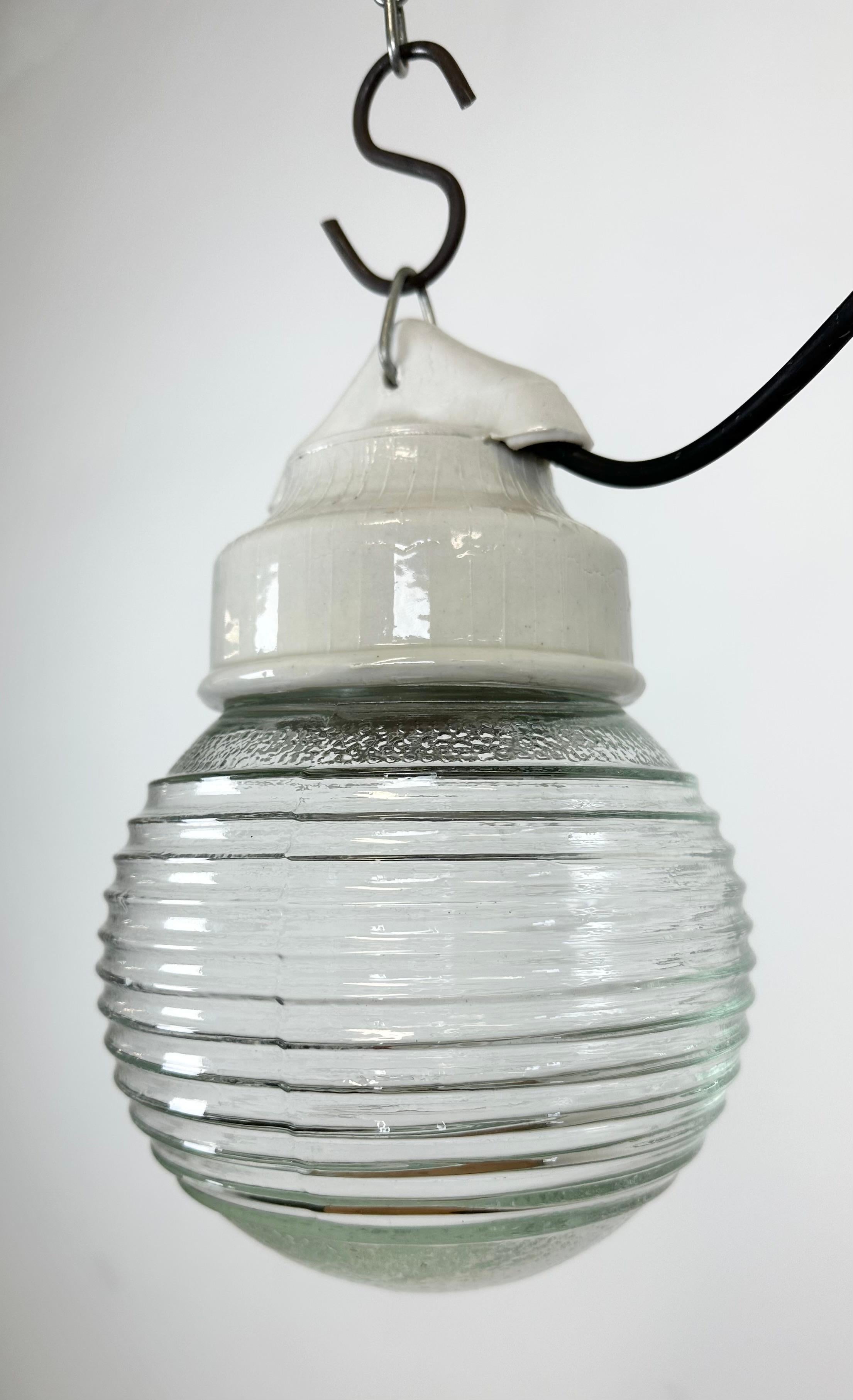 Vintage White Porcelain Pendant Light with Ribbed Glass, 1970s In Good Condition For Sale In Kojetice, CZ