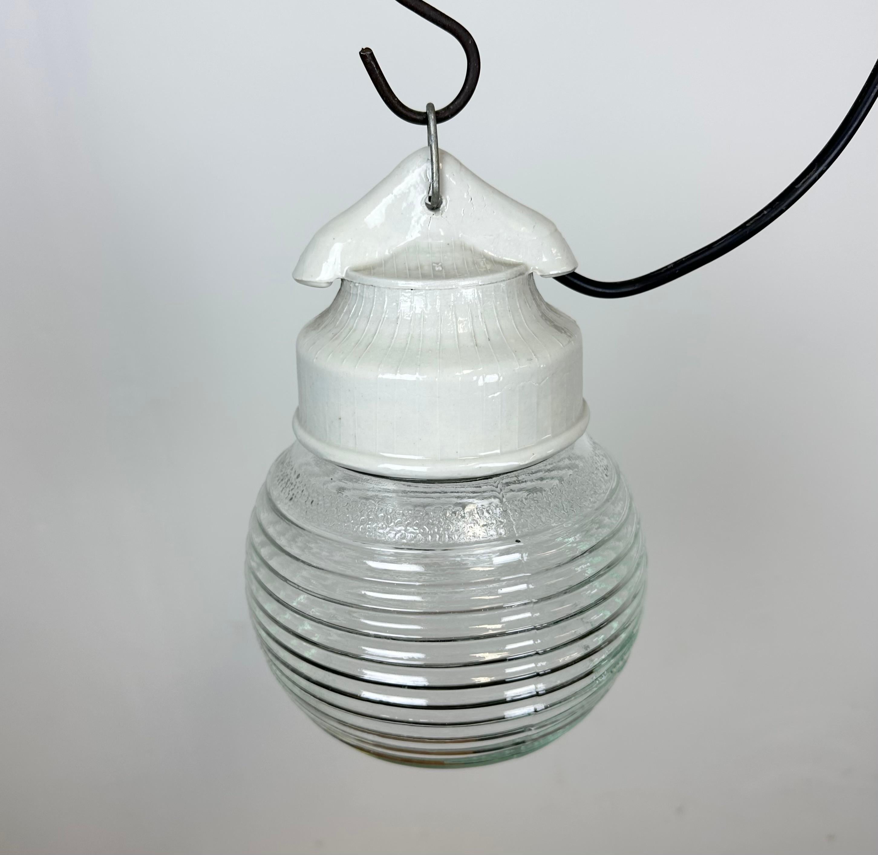 Late 20th Century Vintage White Porcelain Pendant Light with Ribbed Glass, 1970s For Sale