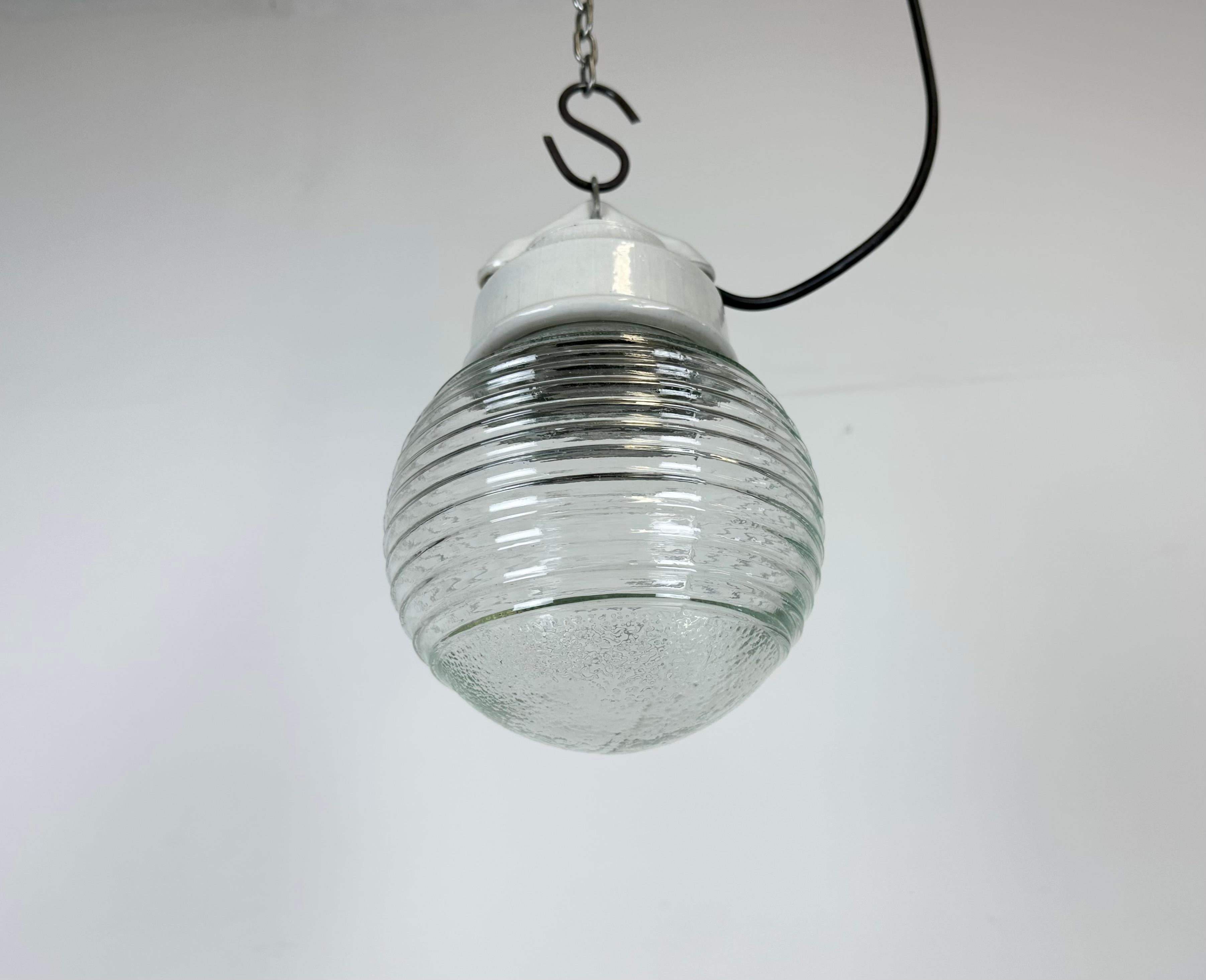 Vintage White Porcelain Pendant Light with Ribbed Glass, 1970s For Sale 1