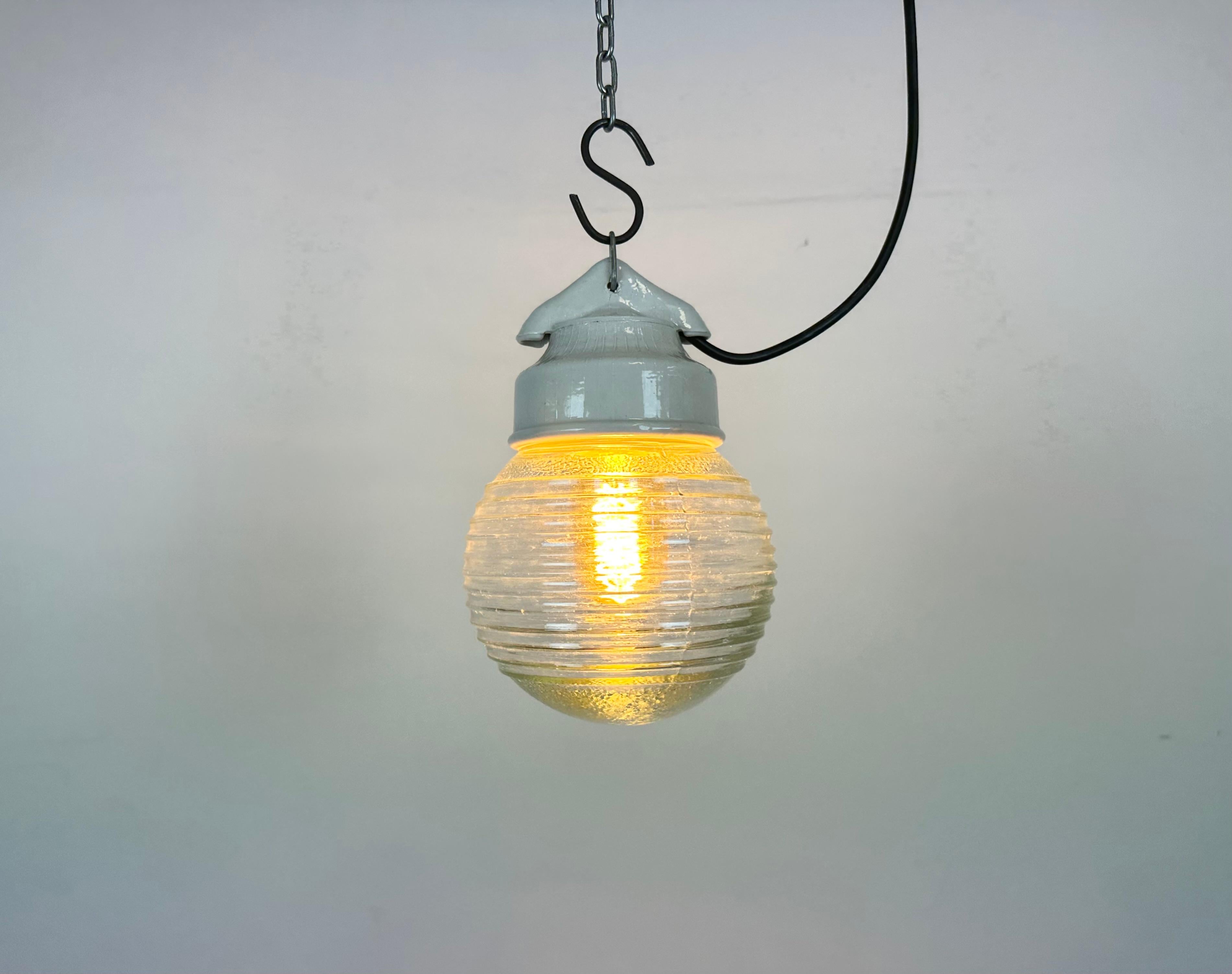 Vintage White Porcelain Pendant Light with Ribbed Glass, 1970s For Sale 2