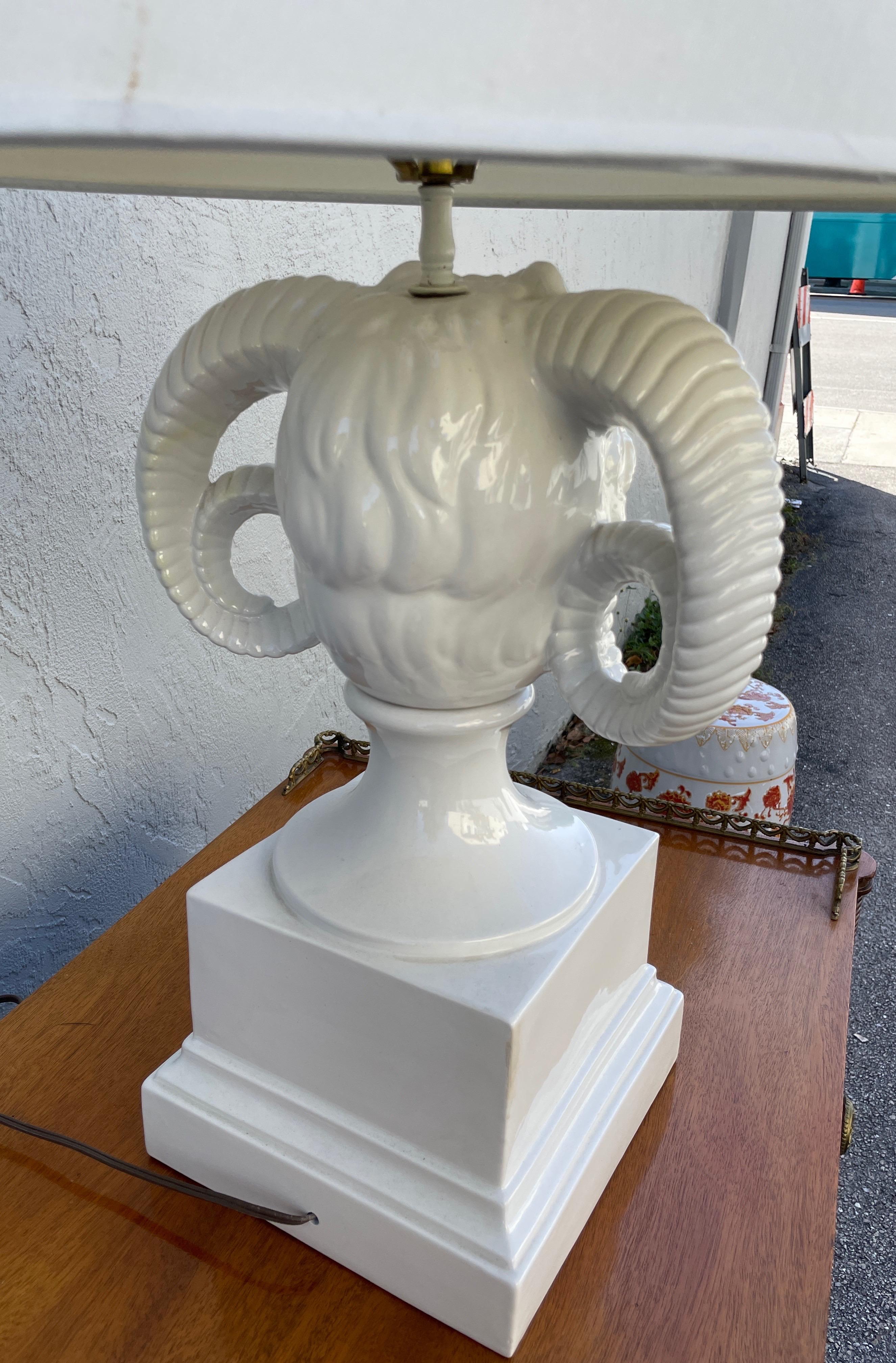 Neoclassical Vintage White Porcelain Ram's Head Lamp by Chapmam For Sale