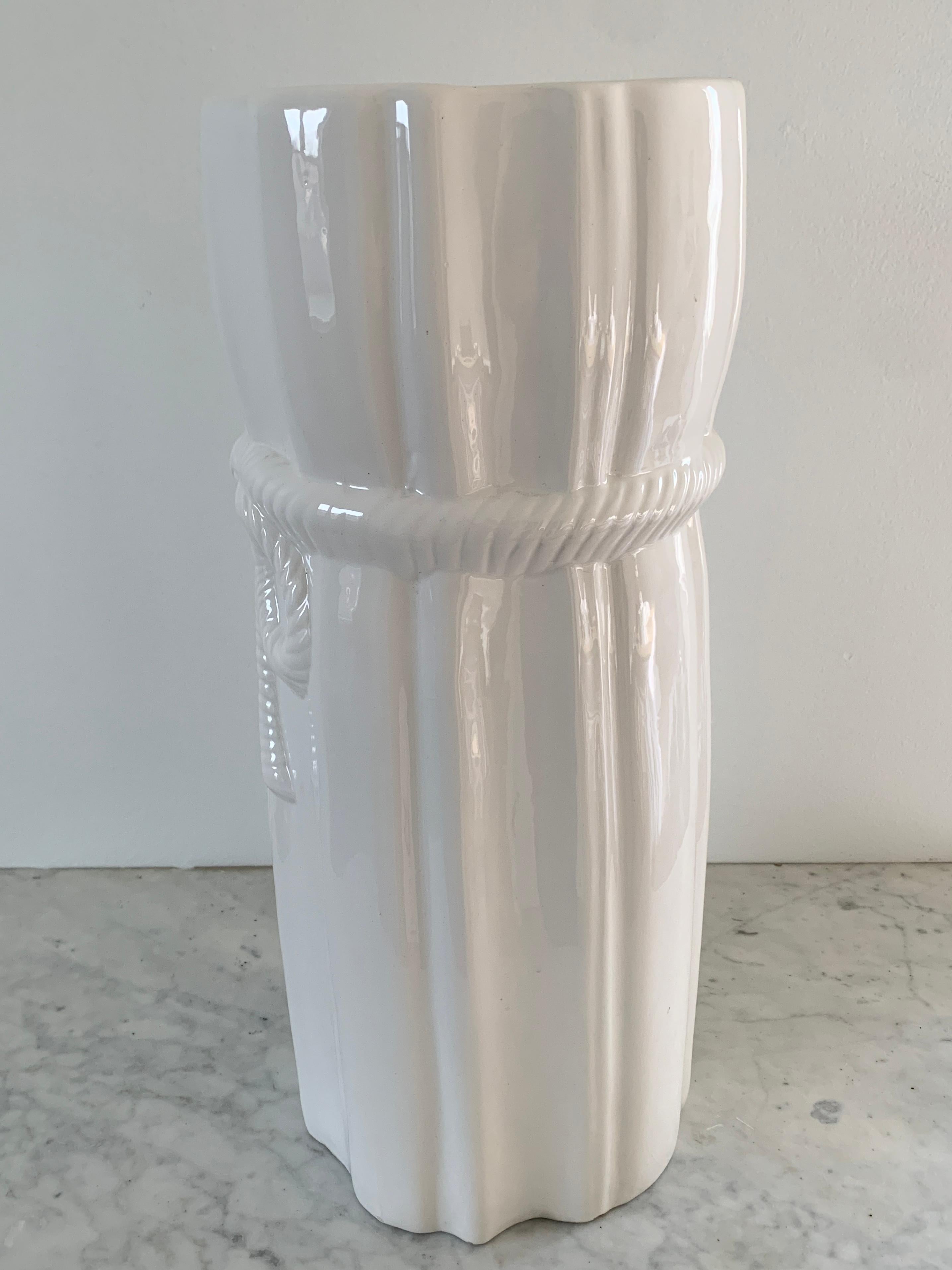 Vintage White Porcelain Trompe l'Oeil Tassel Umbrella Stand In Good Condition In Elkhart, IN