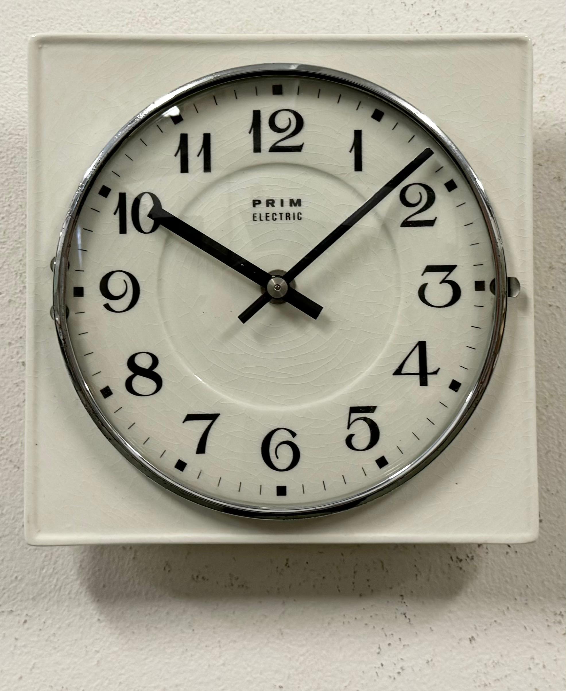 Industrial Vintage White Porcelain Wall Clock from Prim, 1970s For Sale