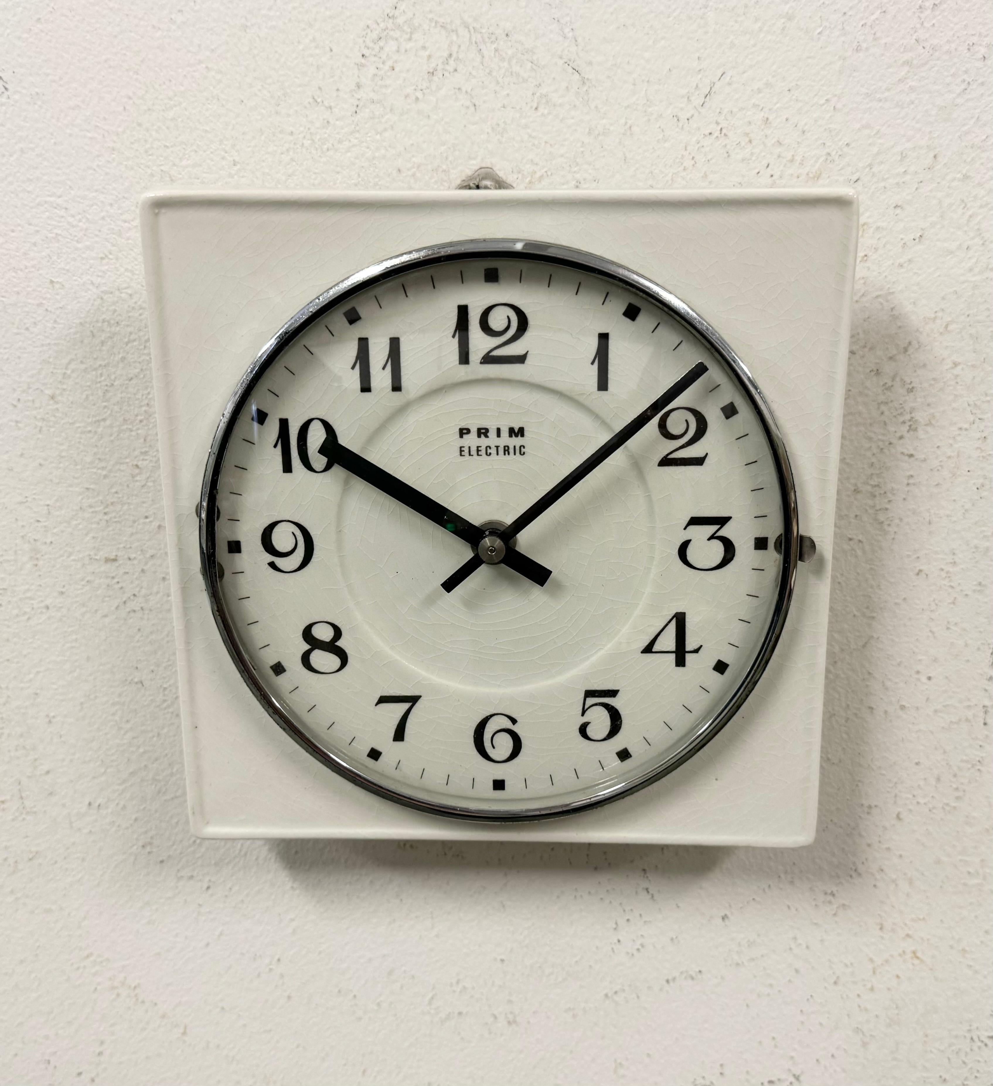 Industrial Vintage White Porcelain Wall Clock from Prim, 1970s For Sale