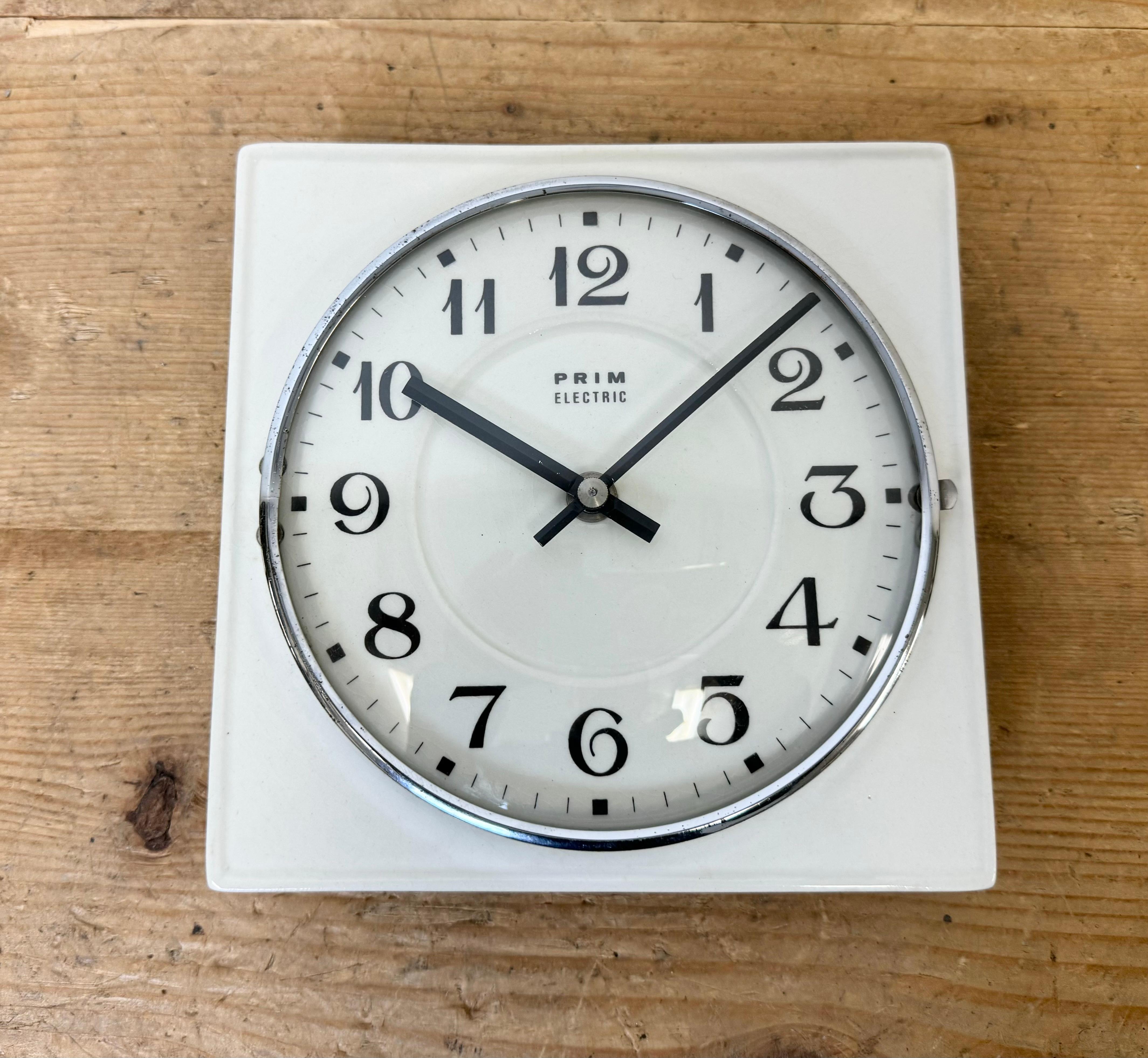 Brass Vintage White Porcelain Wall Clock from Prim, 1970s For Sale