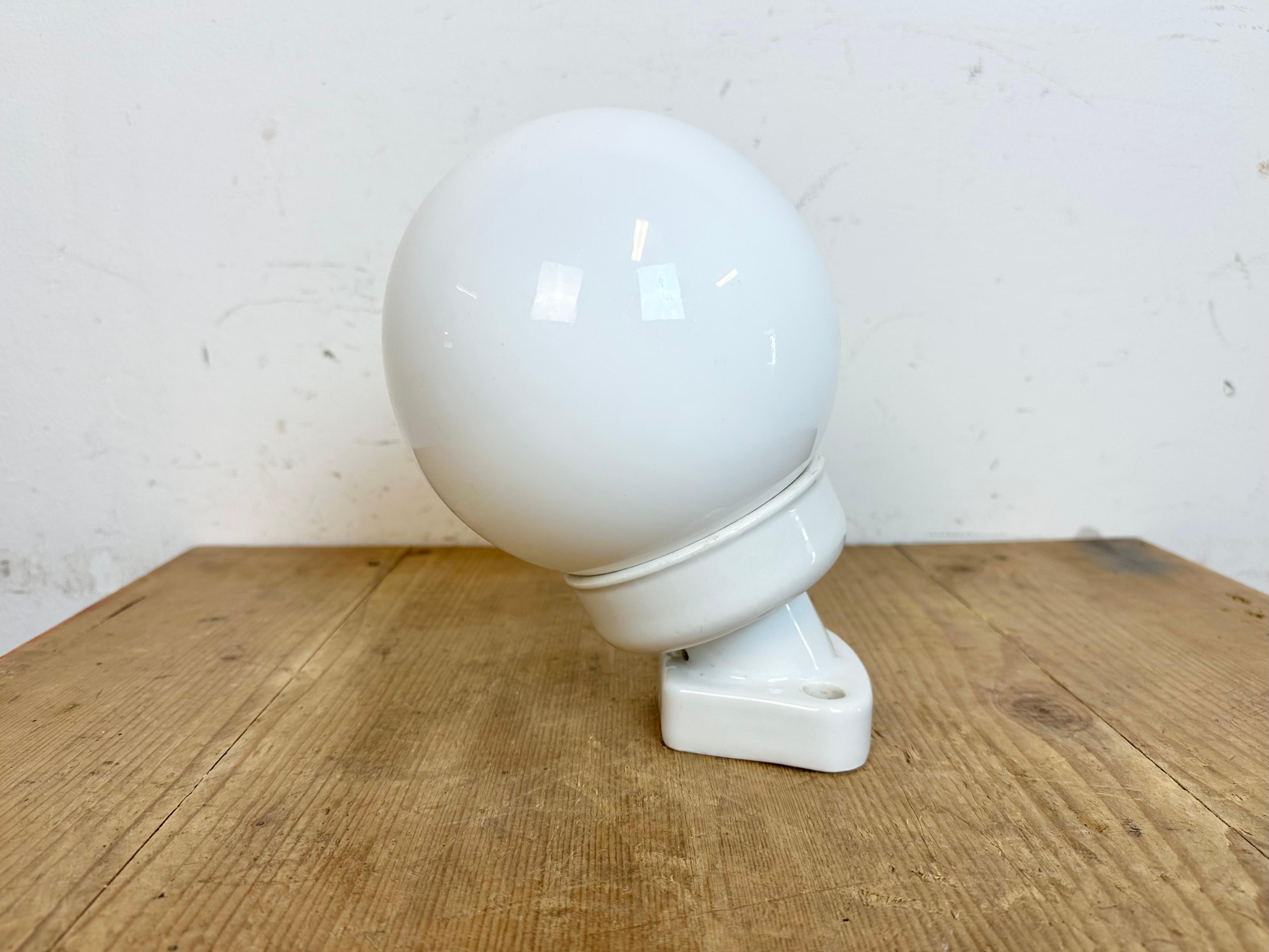 Industrial Vintage White Porcelain Wall Light with Milk Glass, 1960s For Sale