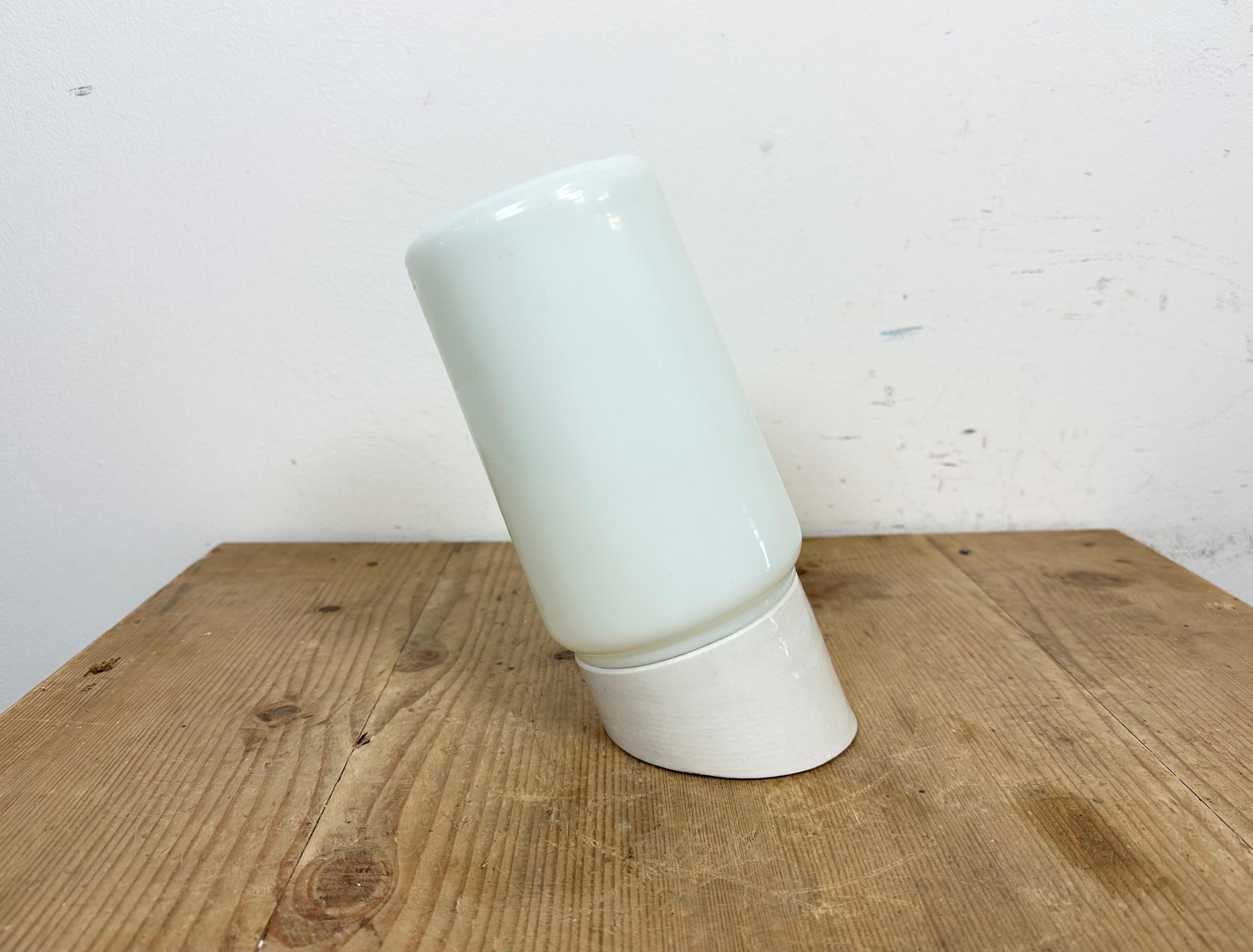 Industrial Vintage White Porcelain Wall Light with Milk Glass, 1970s For Sale