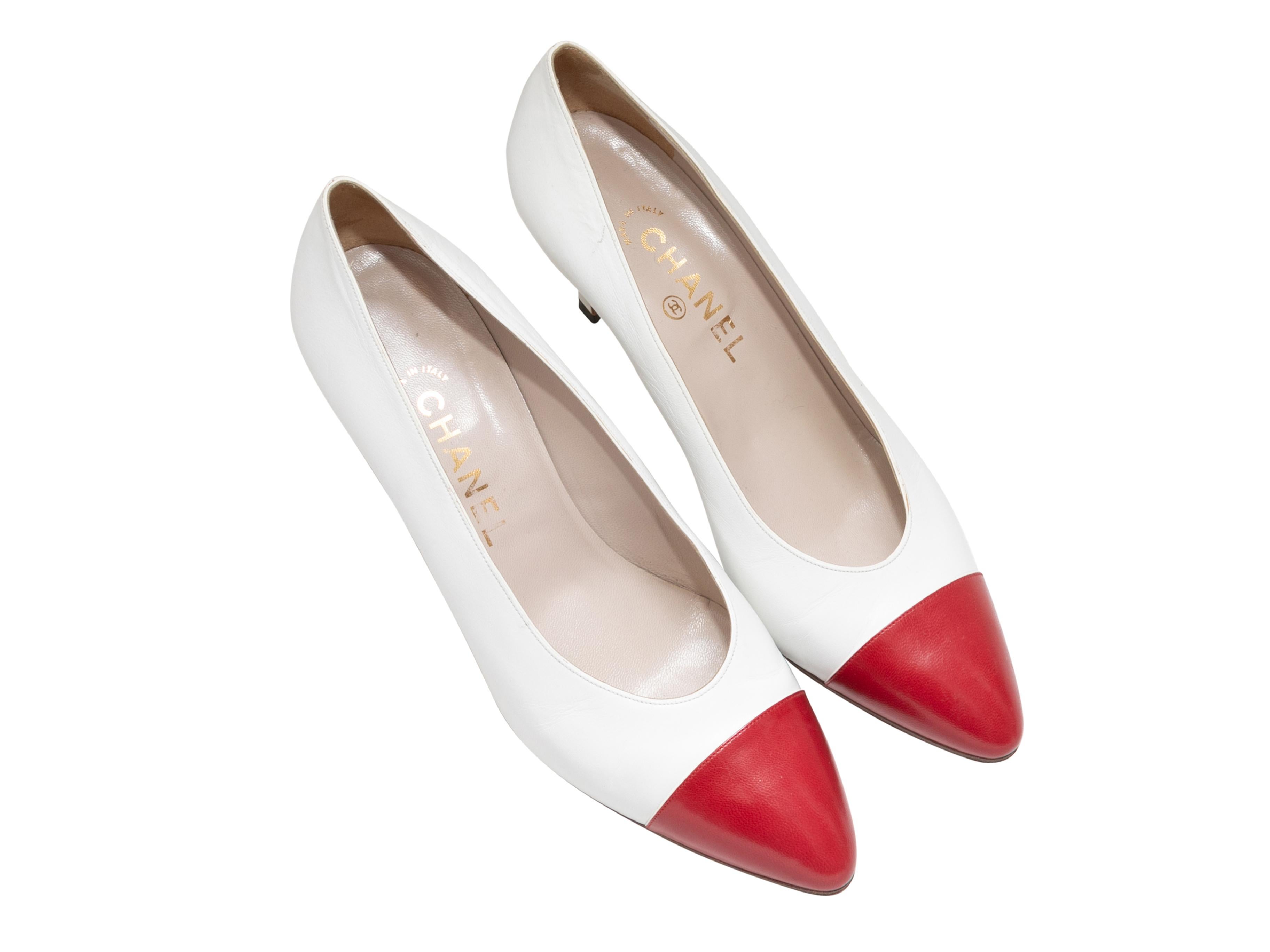 Vintage white and red leather pointed cap-toe pumps by Chanel. 3