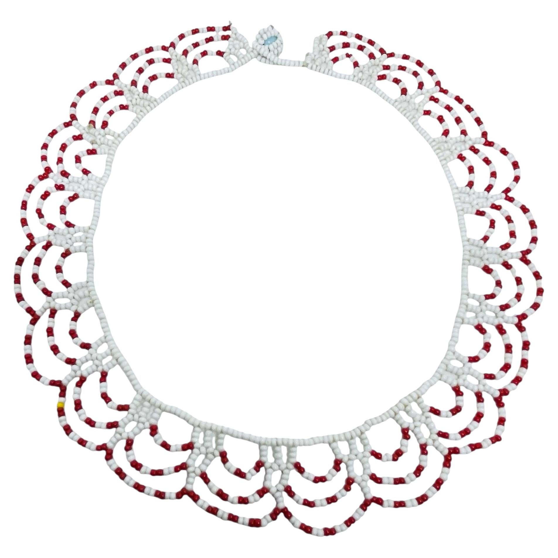 Vintage white red seed bead collar hand made necklace For Sale