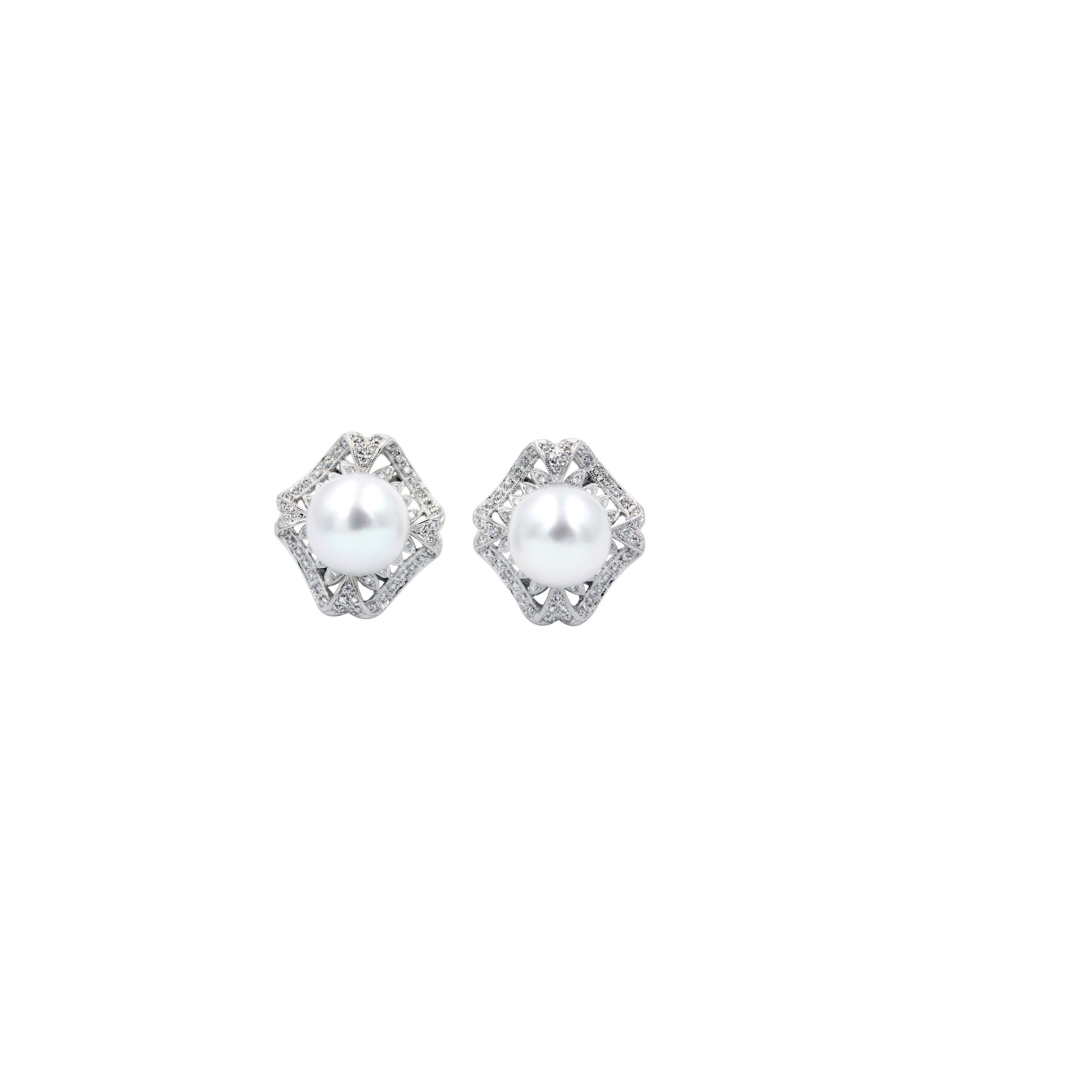 Art Deco White Round South Sea Pearl Pave Diamond Halo White Gold Hinge Earrings For Sale 5