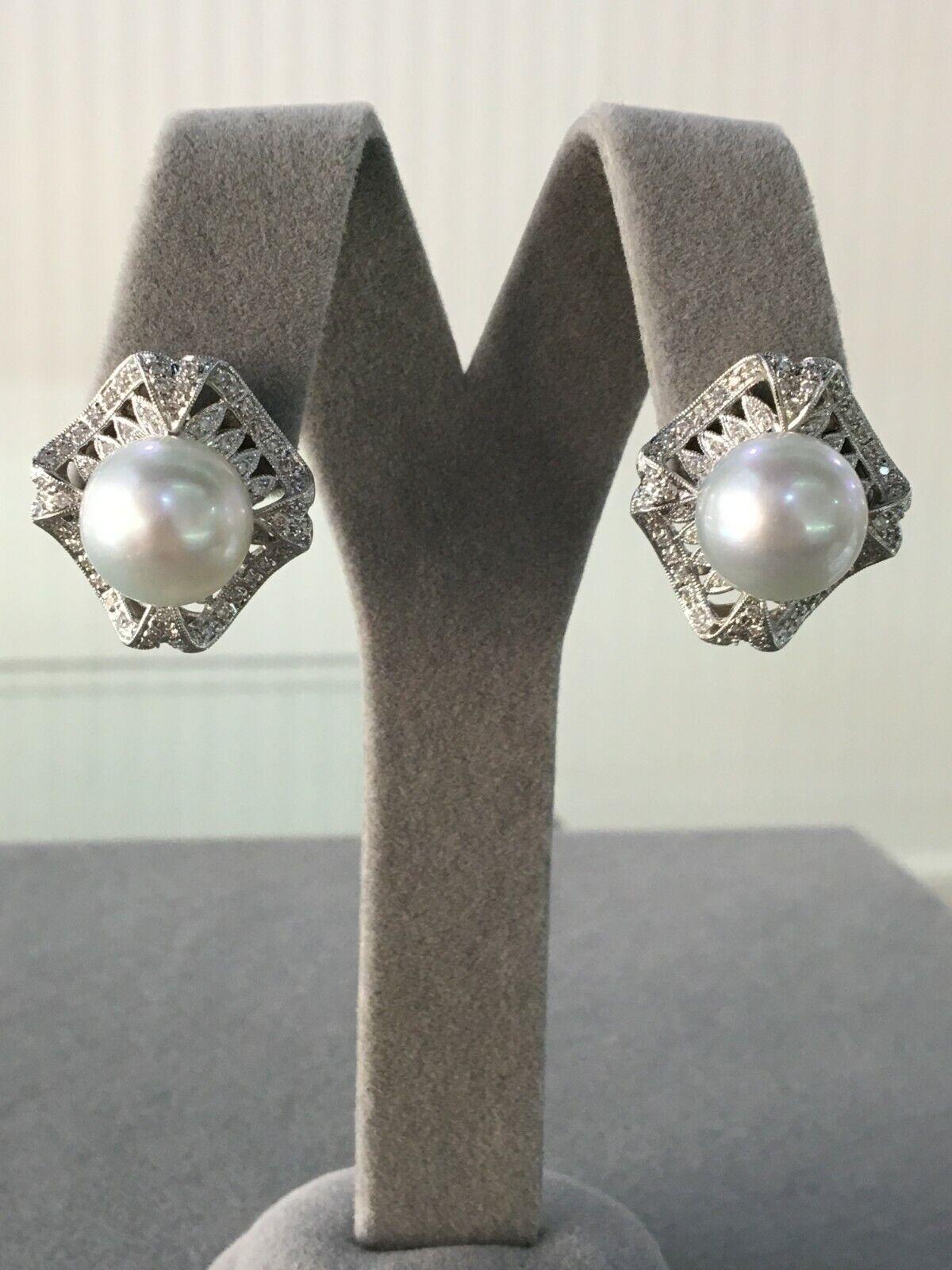 Art Deco White Round South Sea Pearl Pave Diamond Halo White Gold Hinge Earrings In New Condition For Sale In Oakton, VA