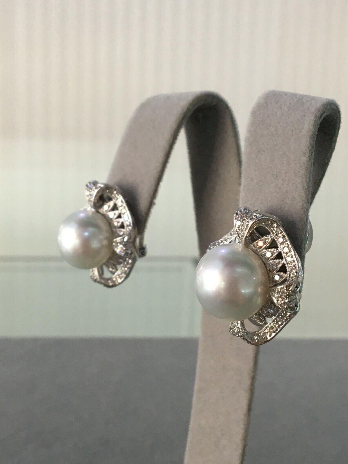 Art Deco White Round South Sea Pearl Pave Diamond Halo White Gold Hinge Earrings For Sale 2