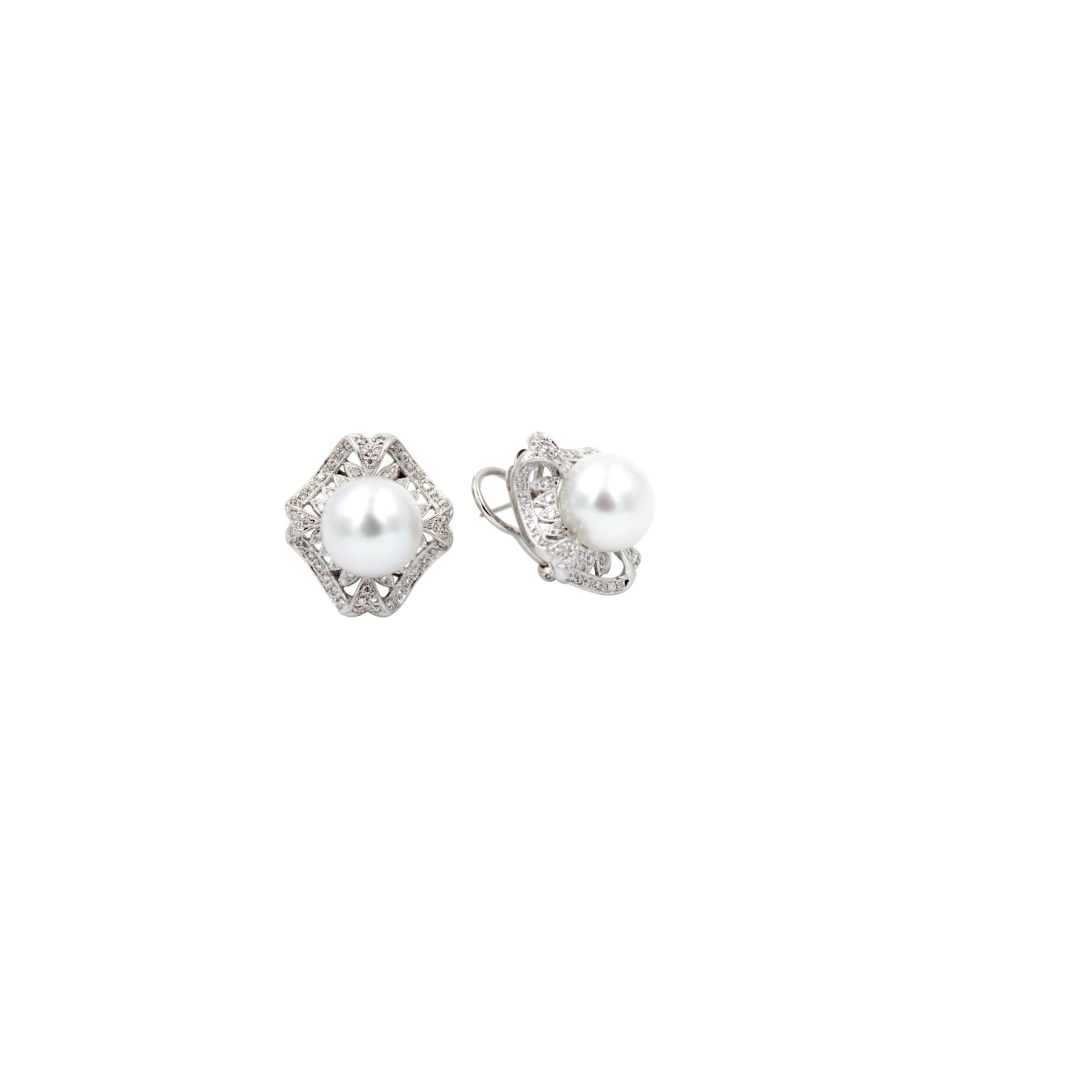 Art Deco White Round South Sea Pearl Pave Diamond Halo White Gold Hinge Earrings For Sale 4