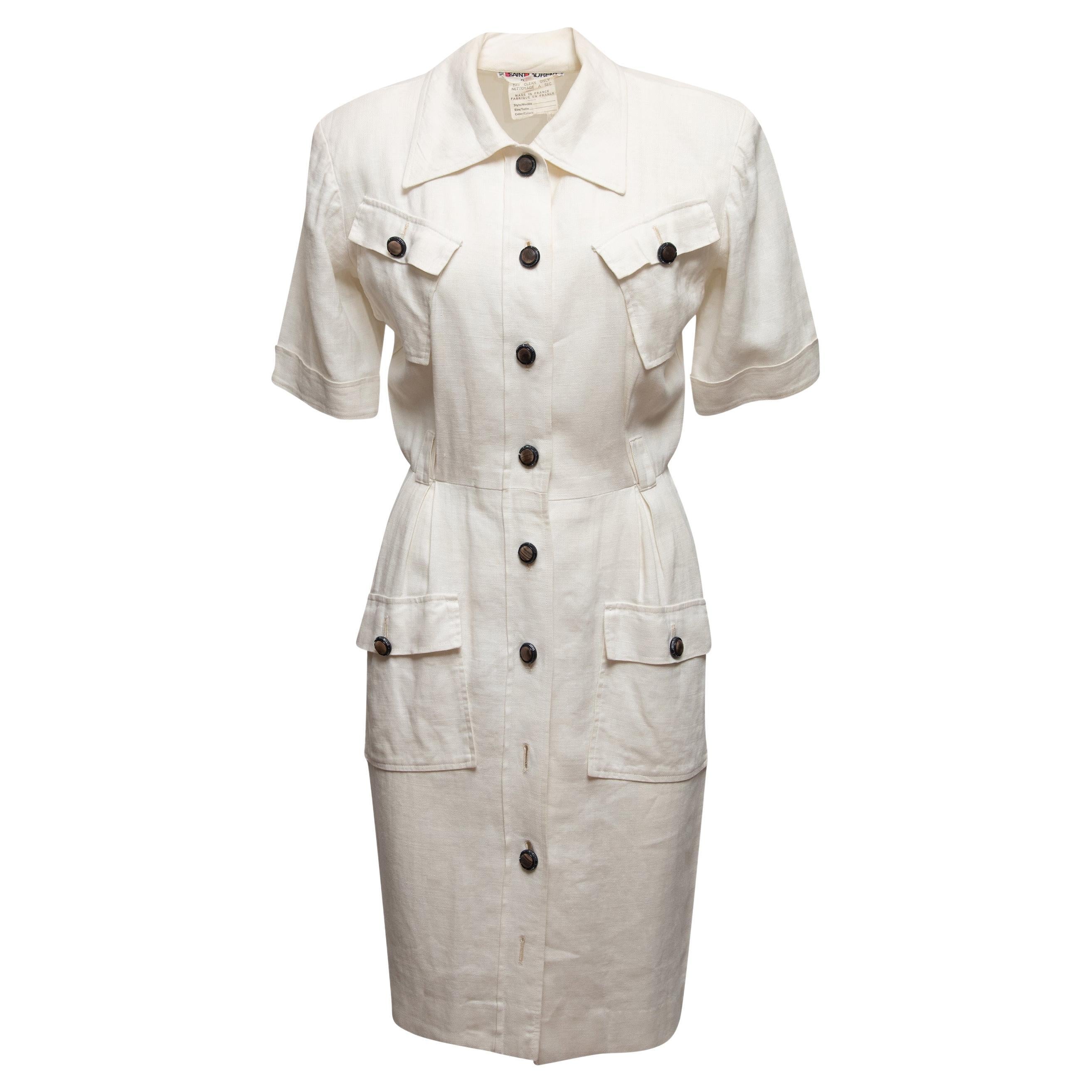 Vintage White Saint Laurent 1970s Linen Dress For Sale