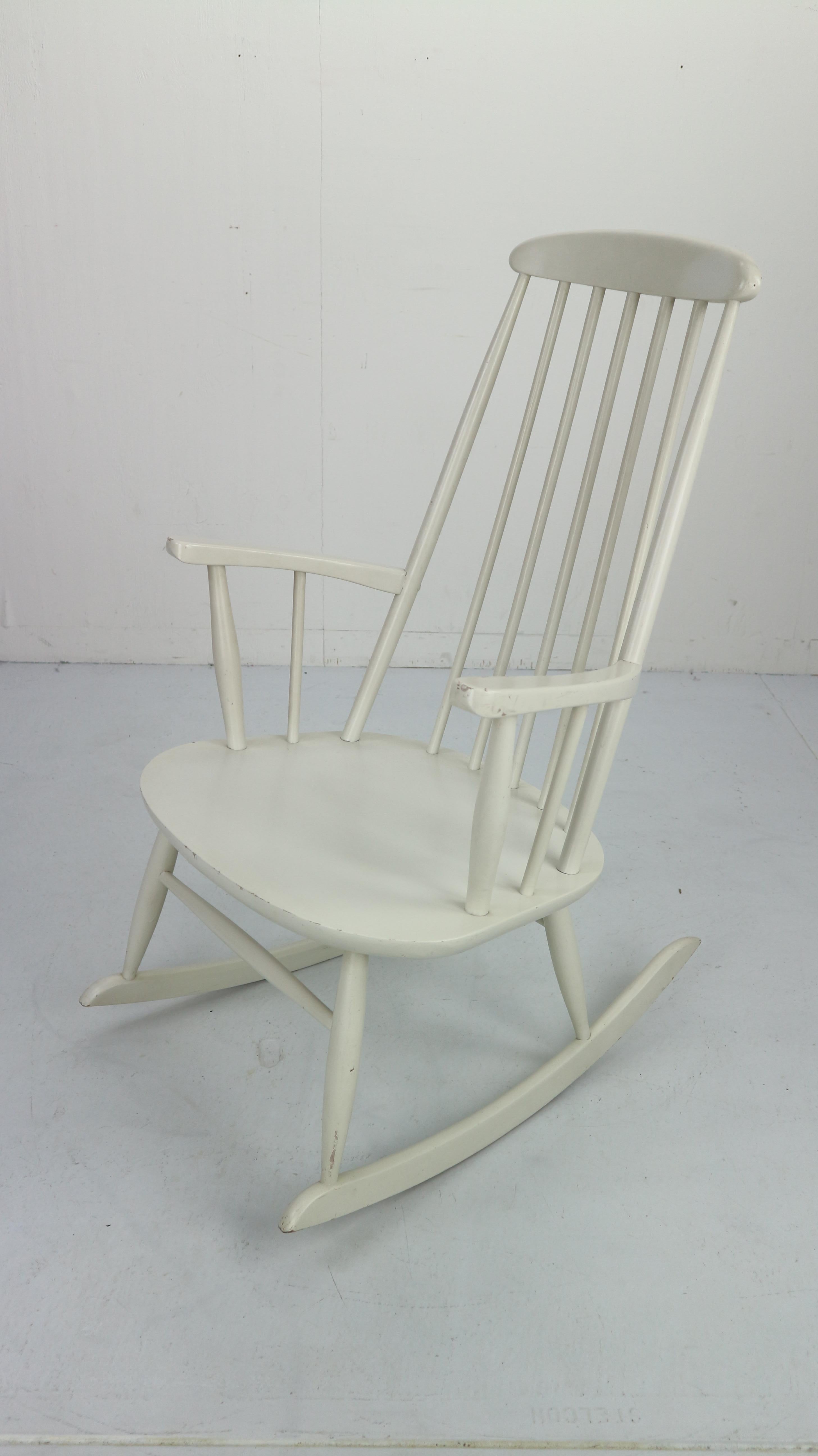 Wood Vintage White Scandinavian Rocking Chair, 1960s
